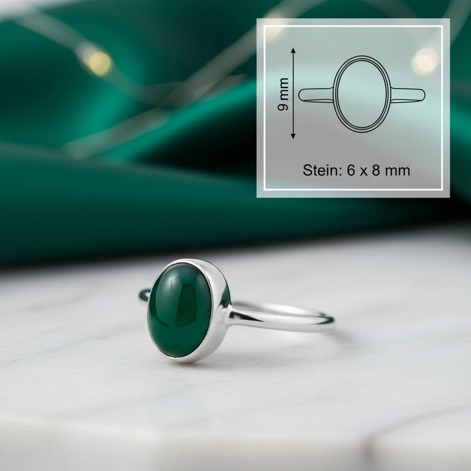 mantraroma Silberring SAMA oval aus 925 Silber mit grünen Onyx (Ring mit Schmuckbeutel), Damenring aus 925er Silber