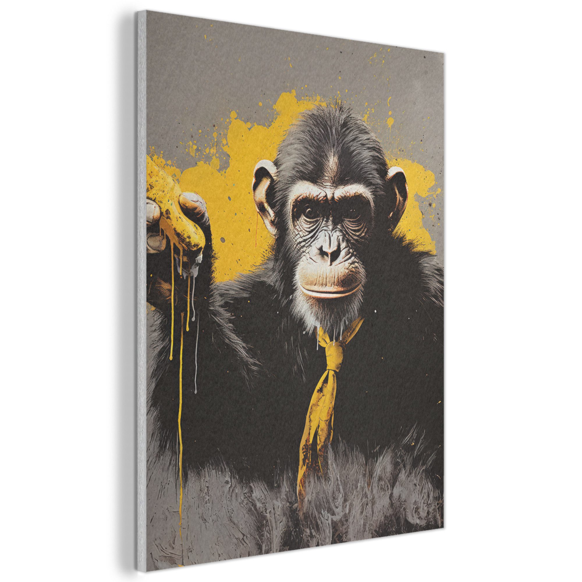MuchoWow Gemälde Affe - Schimpanse - Banane - Gelb - Tiere - Krawatte, Fotodruck (1 St), Akustikpaneele, Wandpaneele, Schalldämmung, Akustikbilder 30x40 cm