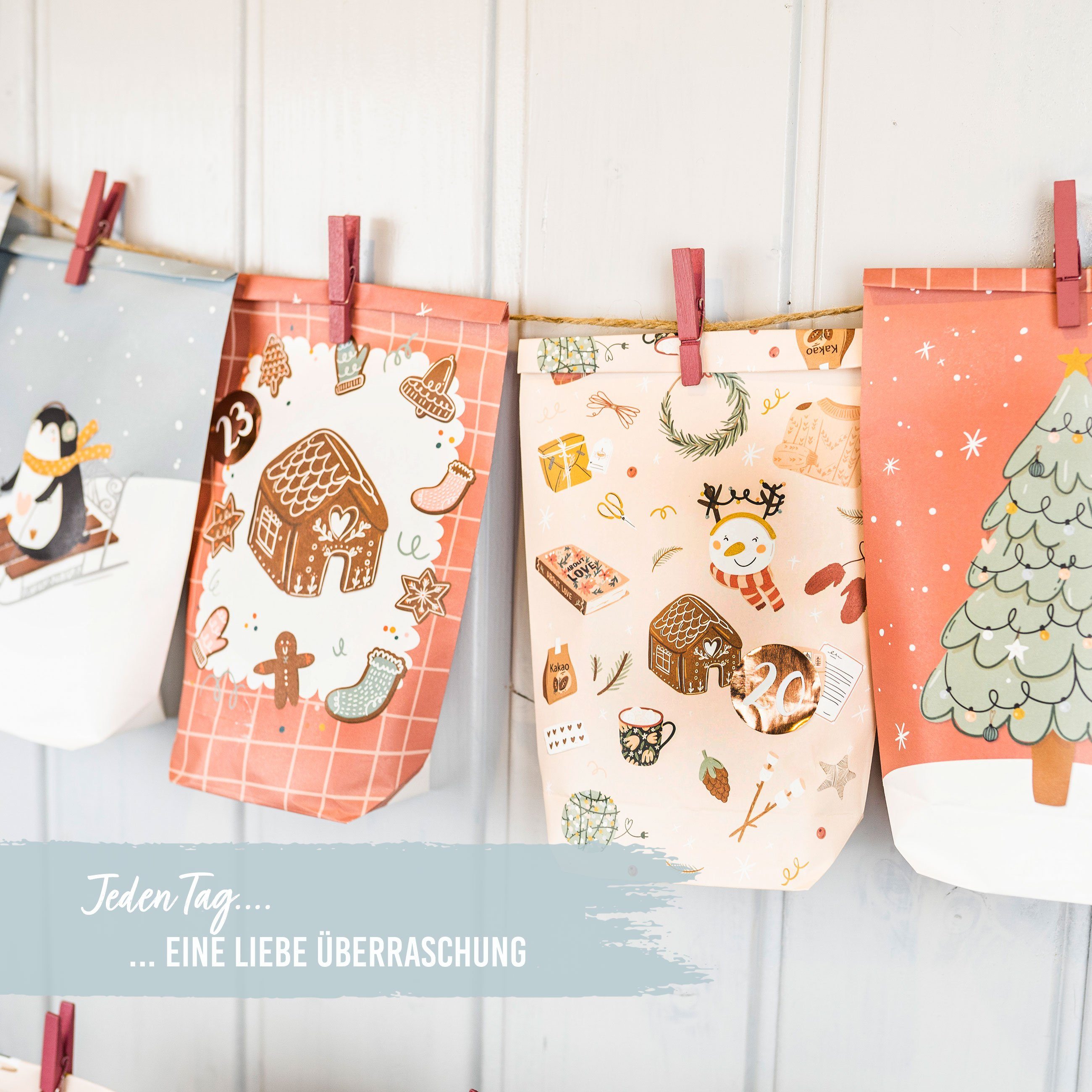 PAPIERDRACHEN befüllbarer Adventskalender Adventskalender mit bedruckten Tüten, Adventskalender zum selber befüllen