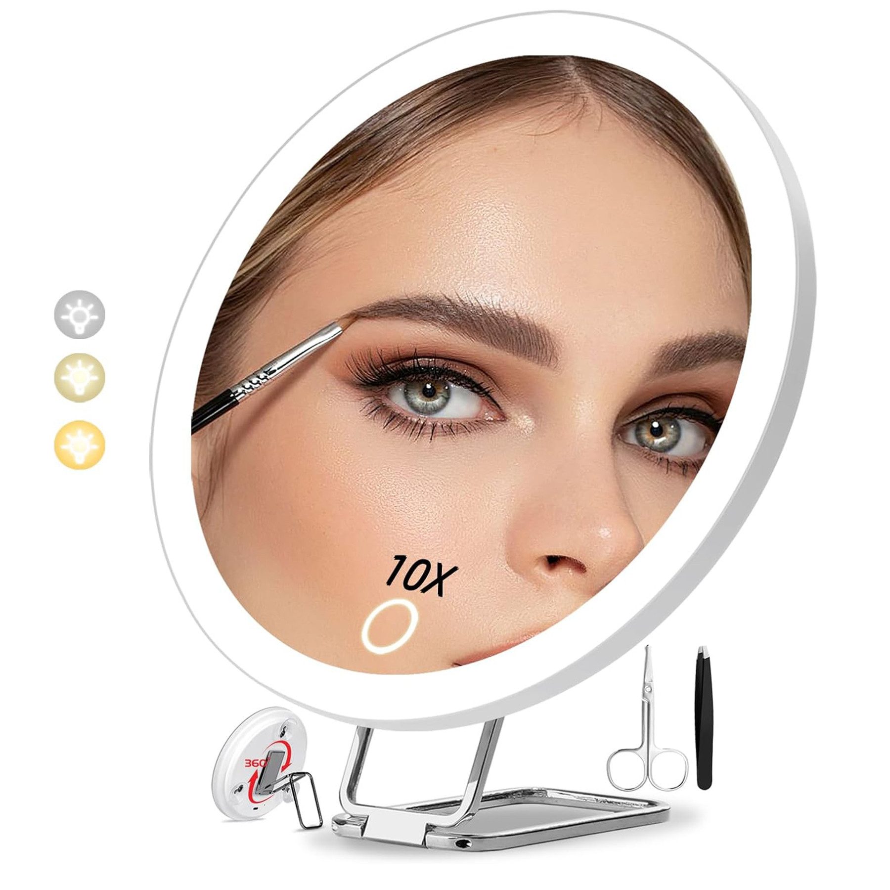 Senmudi Kosmetikspiegel Kosmetikspiegel Vergrößerungsspiegel mit Licht 3 Farbe Modi (Dimmen beleuchtete Make-up-Spiegel mit 10X Vergrößerung, große wiederaufladbare Reise, vergrößerte Spiegel, 3 Saugnäpfen), 360 ° Tisch Stand für Schminken Makeup Gesichtspflege und Reisen