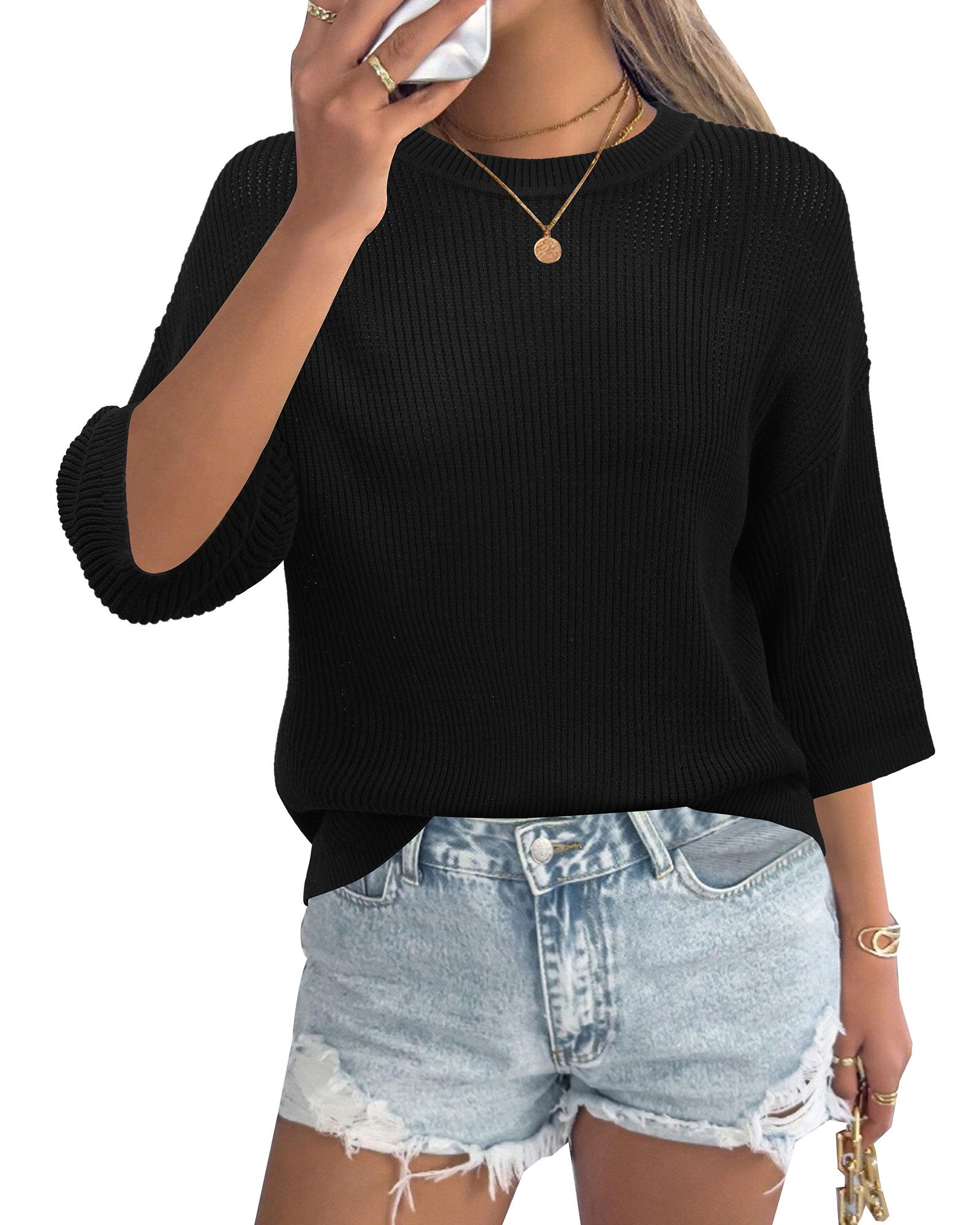 Arach&Cloz Strickpullover Damen 3/4 Arm-Pullover Ajourpullover Kurzarmpullover Bigshirt Kurzarmshirt 3/4-Arm-Shirt Netzshirt aus 100 % Baumwolle Bluse