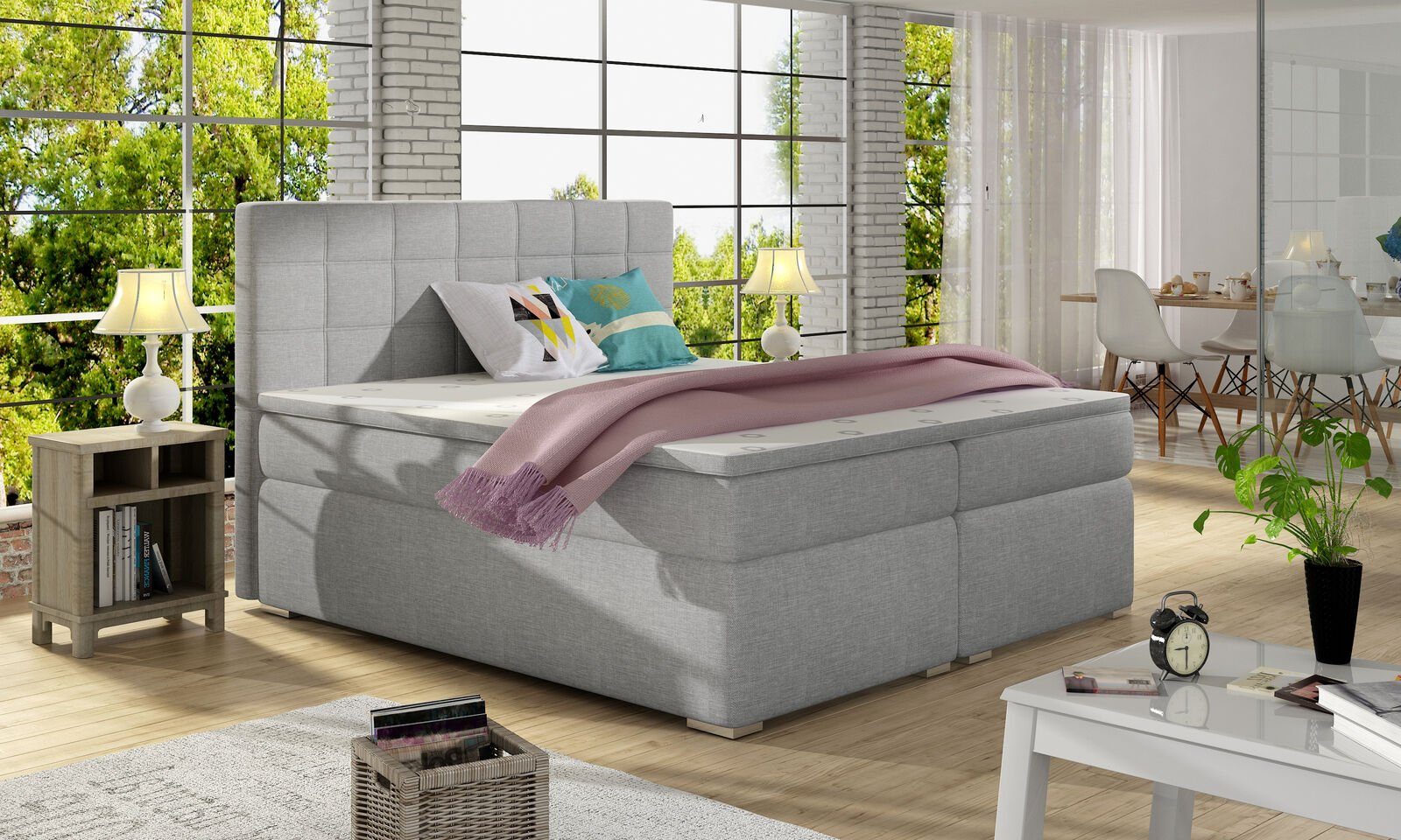 Bett, Hotel Topper Boxspring JVmoebel Bettkasten 180x200cm Bett Komplett Betten Grau