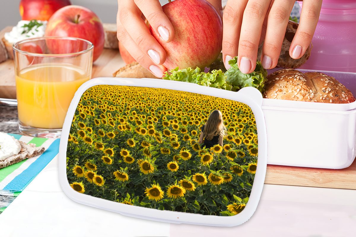 Jungs Lunchbox und Mädchen für Kinder Brotdose, - MuchoWow (2-tlg), - Erwachsene, Sonnenblume weiß für und Frau Kunststoff, Brotbox Frühling,