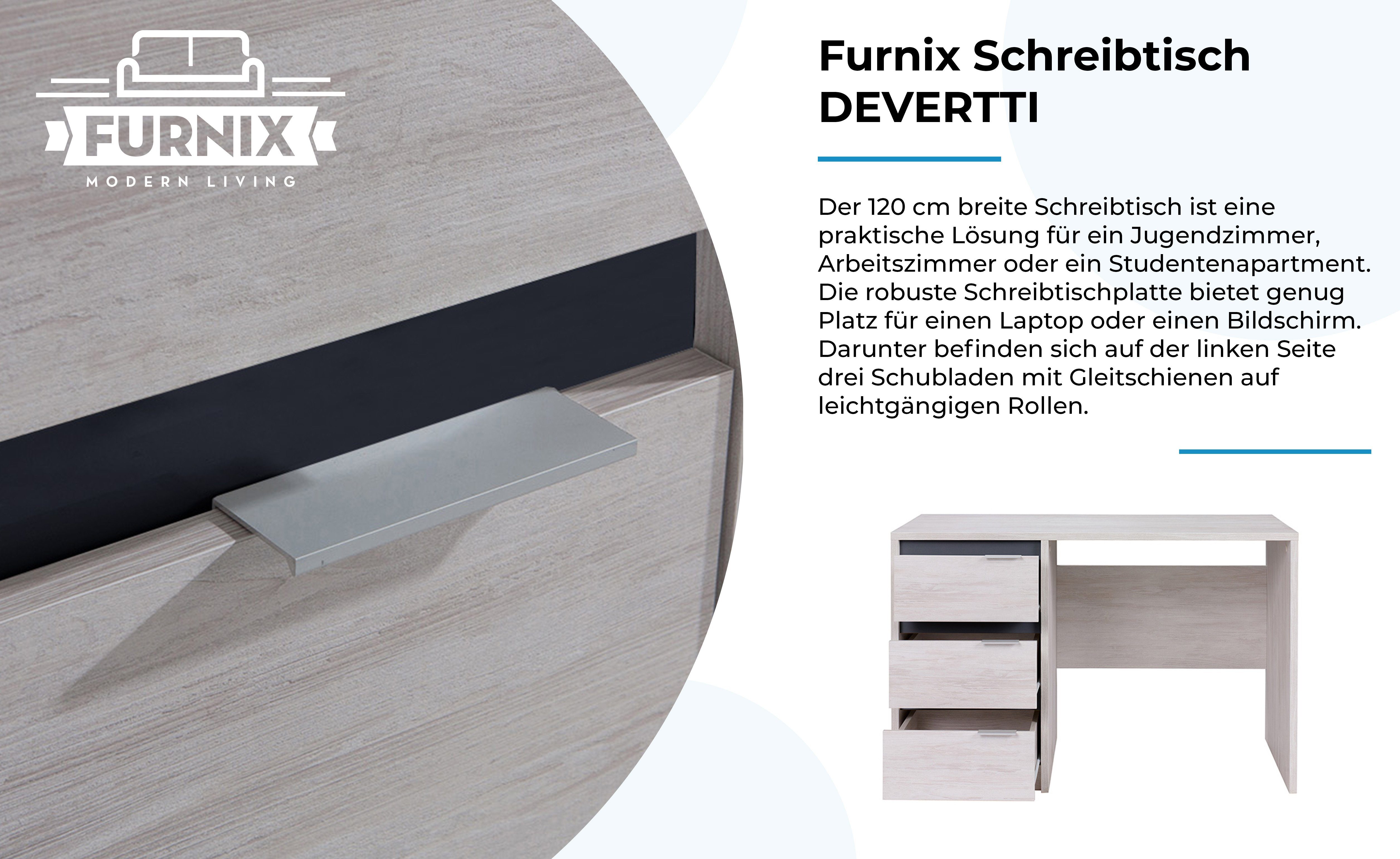 Furnix H77 x Maße mit B120 Weißeiche-Graphit Schubladen, x Schreibtisch 3 cm Glanz T60 DEVERTTI
