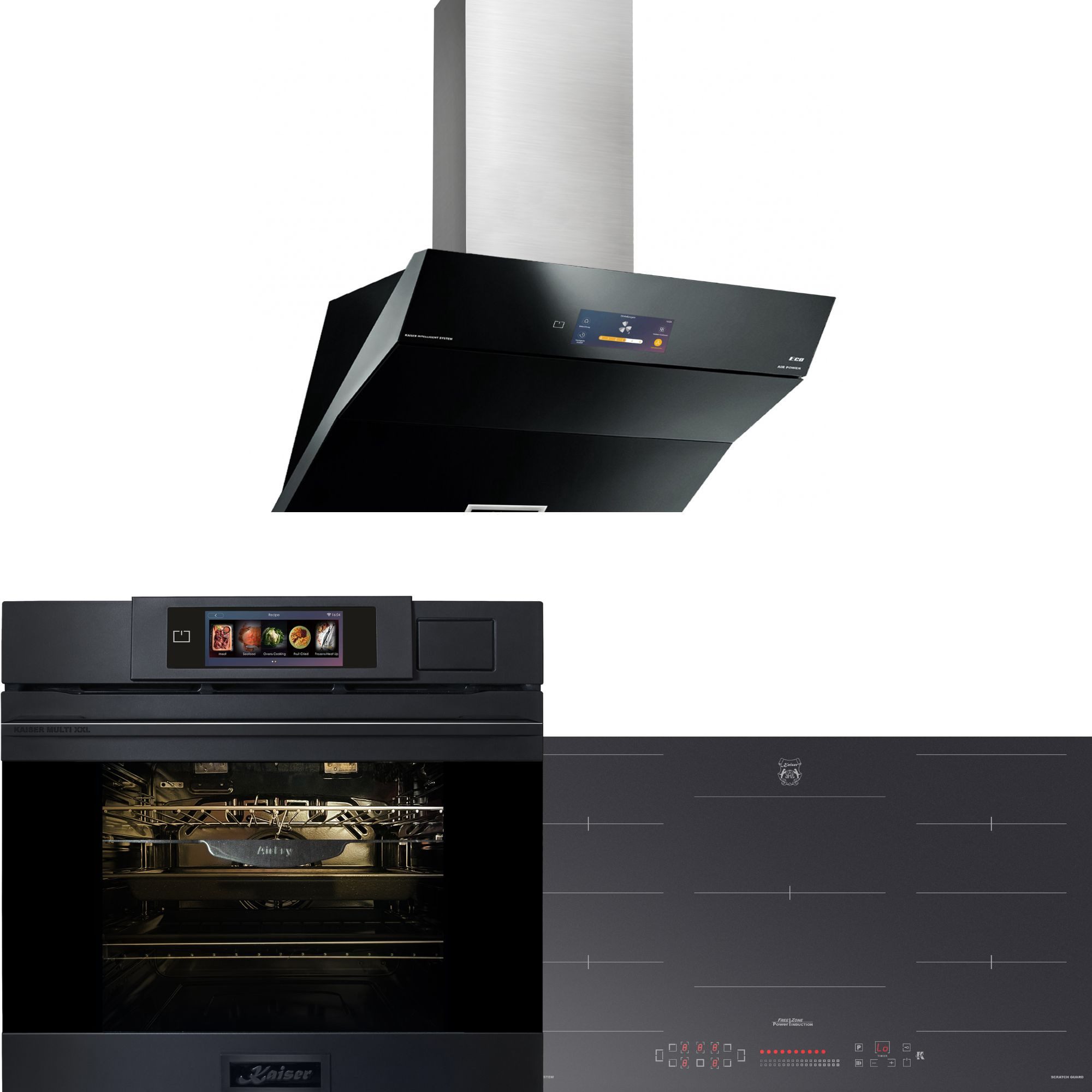 Kaiser Küchengeräte Backofen-Set Herd Set Autark XXL Multi 37,Multifunktions-Elektro-Dampfbackofen mit Dampfreinigung, 60 cm+Induktions Kochfeld Autark Herd Power Booster 90 cm Anti Scratch/ matt+Dunstabzugshaube 90 cm TFT Display 1250 m3/h EH 6341+KCT 9110 FI+AT 9343, mit 1-fach-Teleskopauszug