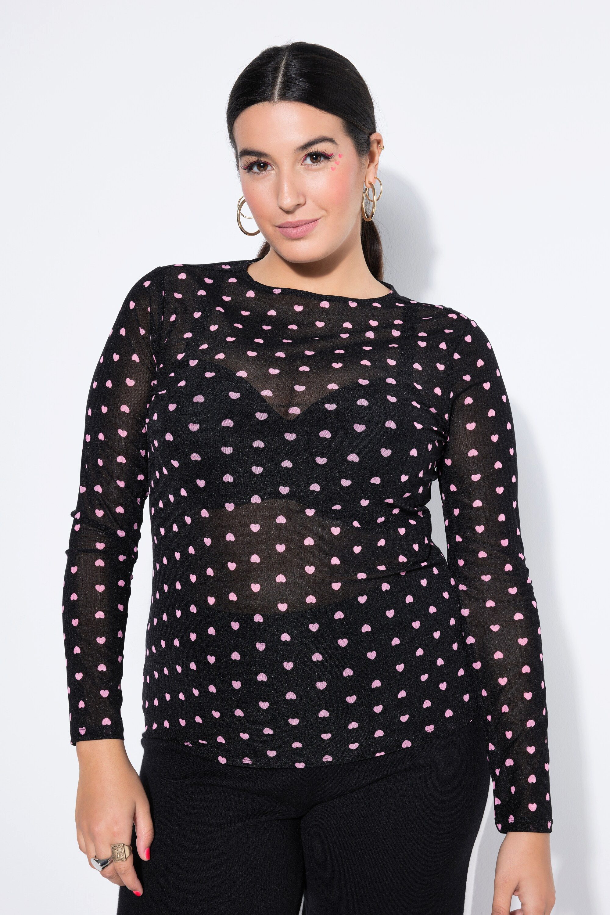 Studio Untold Longsleeve T-Shirt Slim Shape Mesh Heart-Muster Langarm