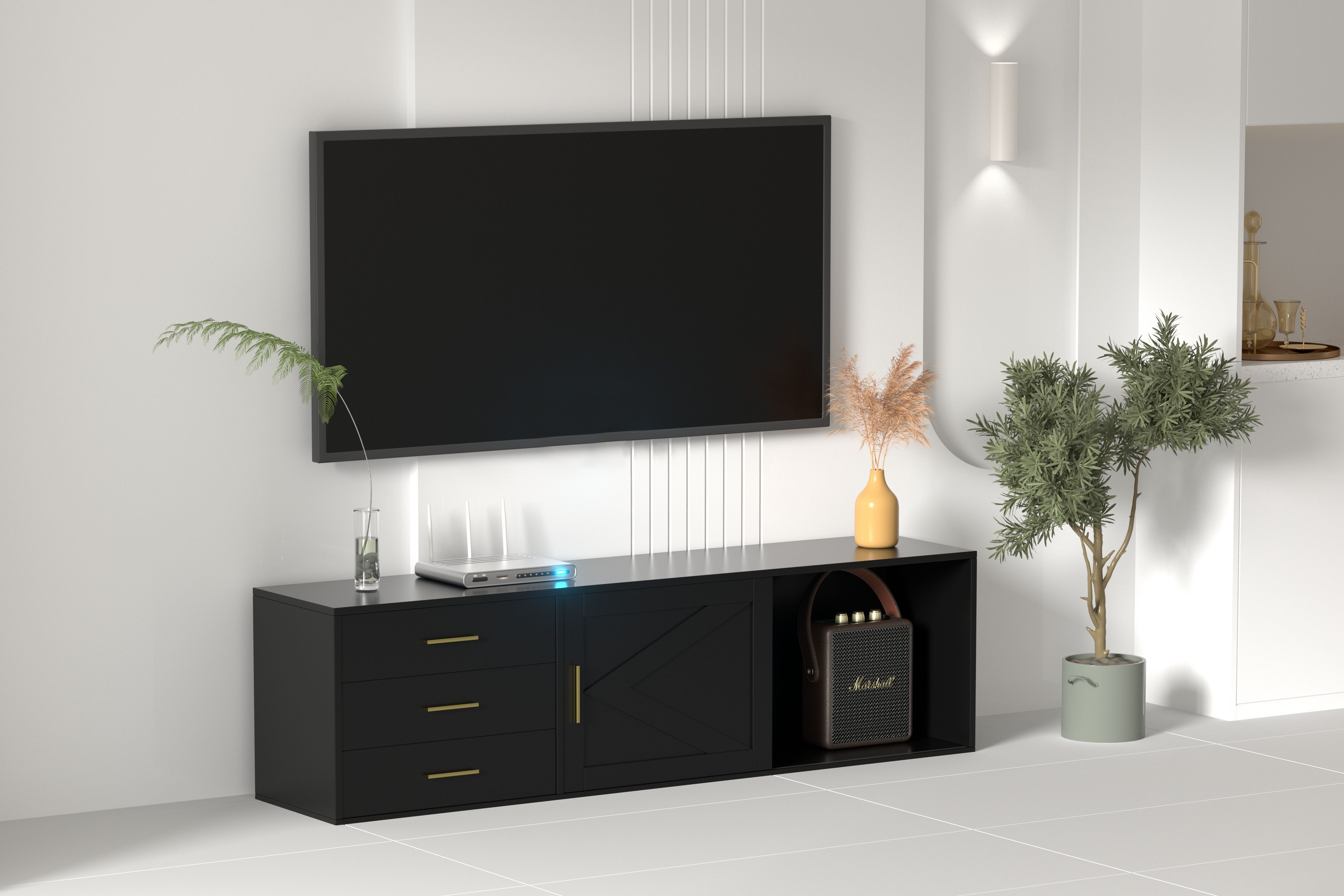 HOMAVO Lowboard TVG1-S mit 3 Schubladen & Schiebetür, 160 cm (FSC®, viel Stauraum, pflegeleicht), TV-Schrank mit viel Stauraum, TV-Board, TV-Möbel, 160 × 45 × 35 cm