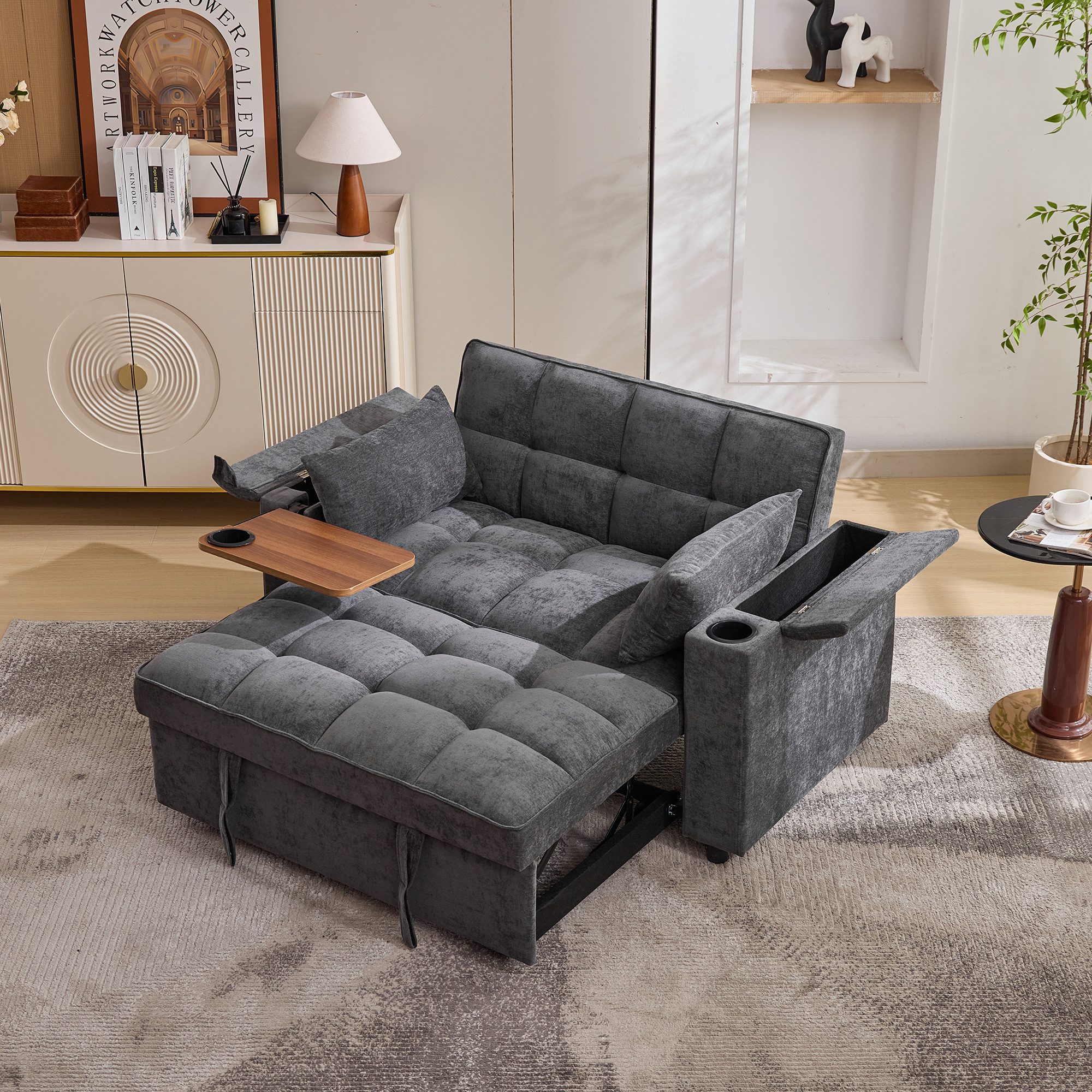 Merax Schlafsofa 3-in-1 Loungesofa faltbar Sofa mit USB & verstecktem Tisch, 1 Teile, 2-Sitzer Sofa mit verstellbarer Rückenlehne, Getränkehalter & Rollen