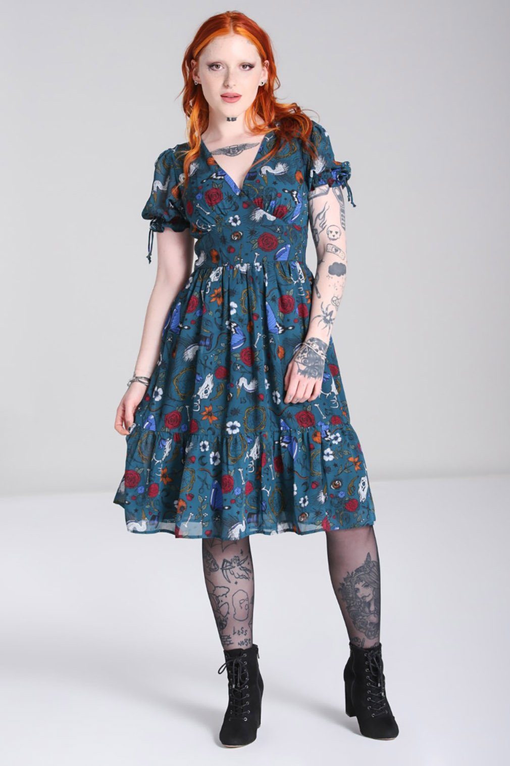 Hell Bunny A-Linien-Kleid Sianna Midi Dress Teal Vintage Retro Blumen Druck