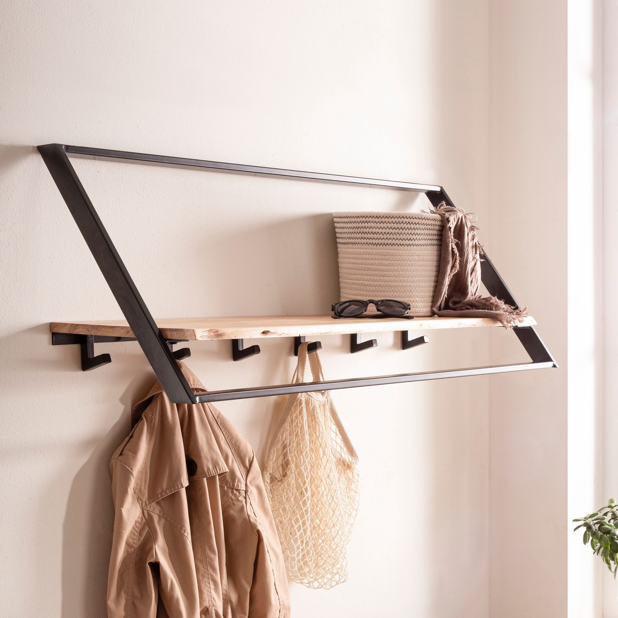 FINEBUY Wandgarderobe Akazie Massivholz 100cm Garderobe Industrial Design ( günstig online kaufen