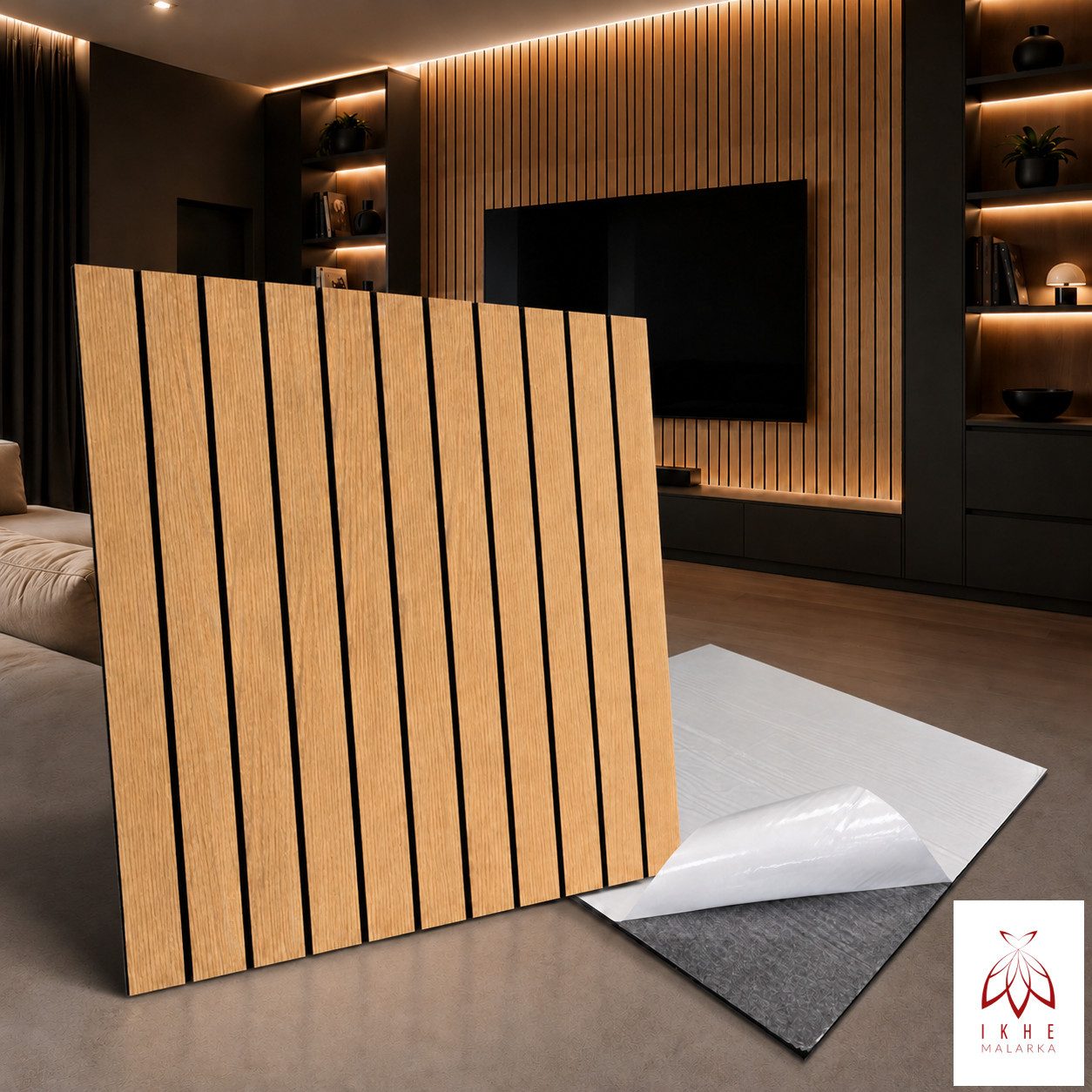 IKHEMalarka Wandpaneel Akustik Filz selbstklebend Holzoptik Decken Wandverkleidung, BxL: 60x60 cm, 0,36 qm, (1 Stück, 0,36qm) 60x60 cm 0,36 m² leicht, selbstklebende Rückseite als Montagehilfe