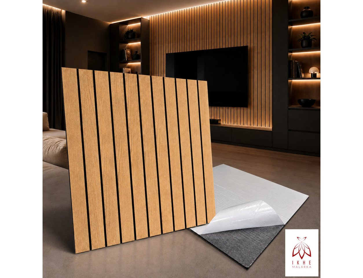 IKHEMalarka Wandpaneel Akustik Filz selbstklebend Holzoptik Decken Wandverkleidung, BxL: 60x60 cm, 0,36 qm, (1 Stück, 0,36qm) 60x60 cm 0,36 m² leicht, selbstklebende Rückseite als Montagehilfe