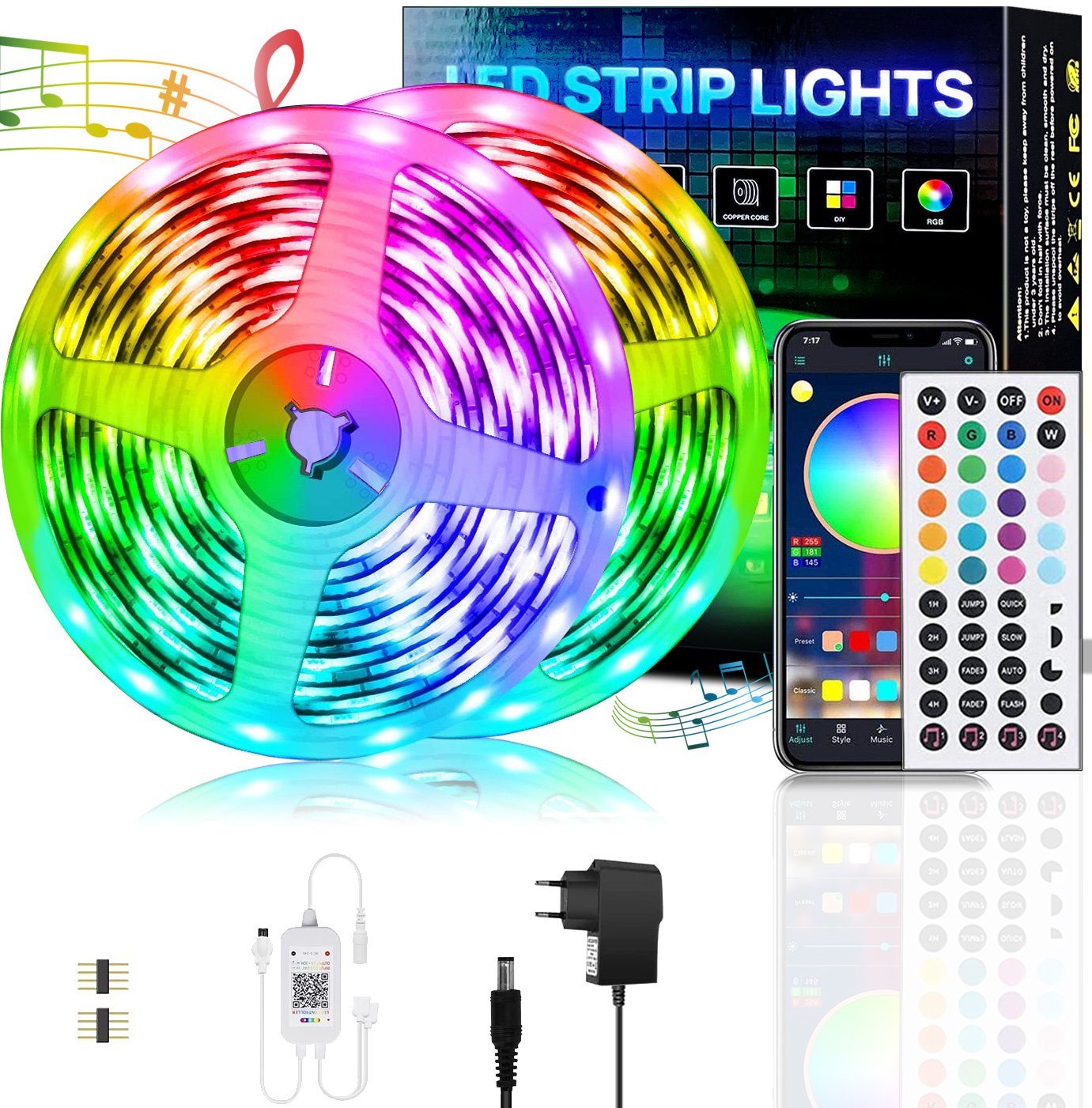 Strip,Bluetooth,15M Strip, LED KINSI LED Steuerung,Fernbedienung, LED Lichterketten Lichtstreifen, Stripe LED- Streifen, Lichter/M,RGB,APP 18