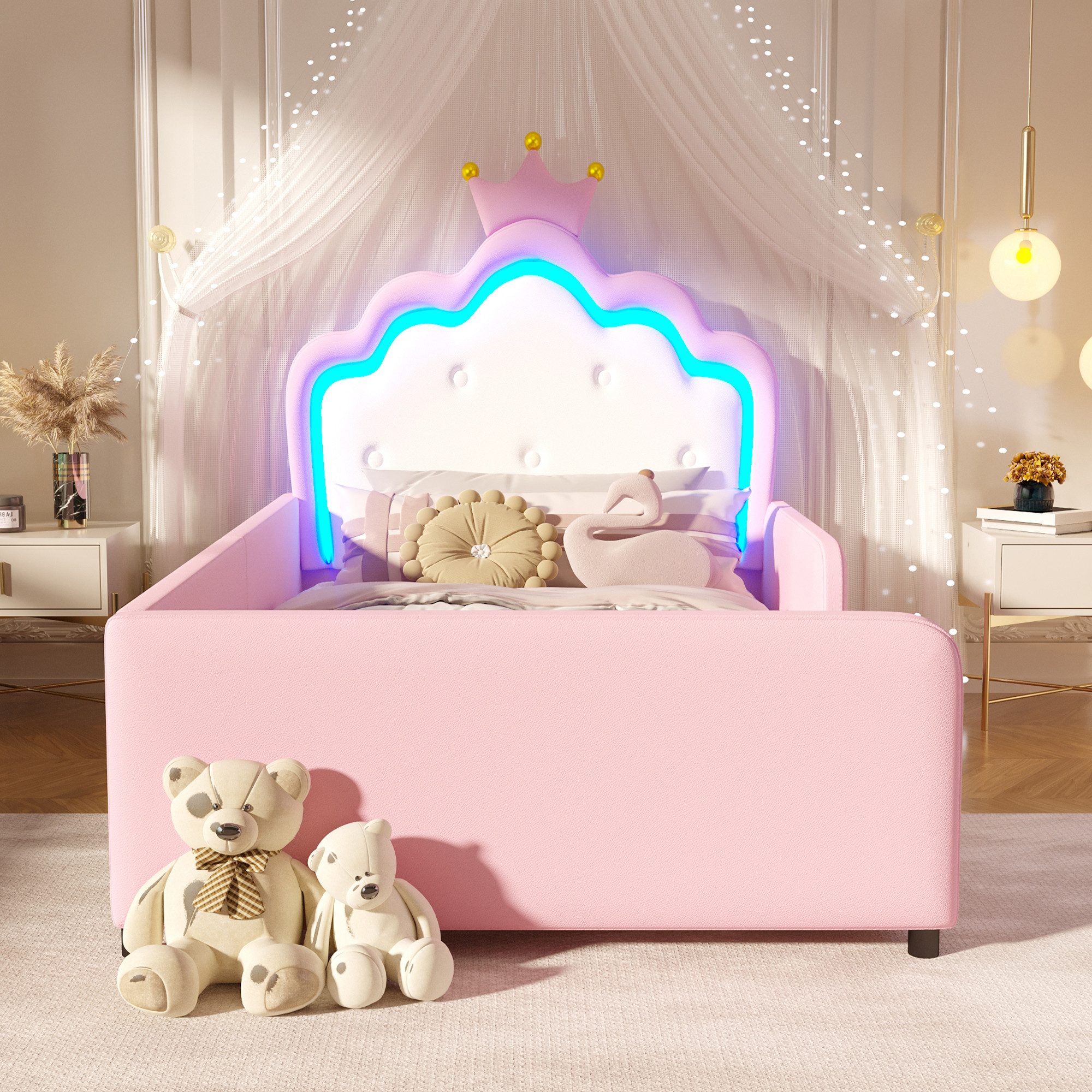 Flieks Polsterbett Prinzessinnenbett in Kronenform, Kinderbett 90x190cm mit LED-Lichtleiste und Sicherheitsgitter