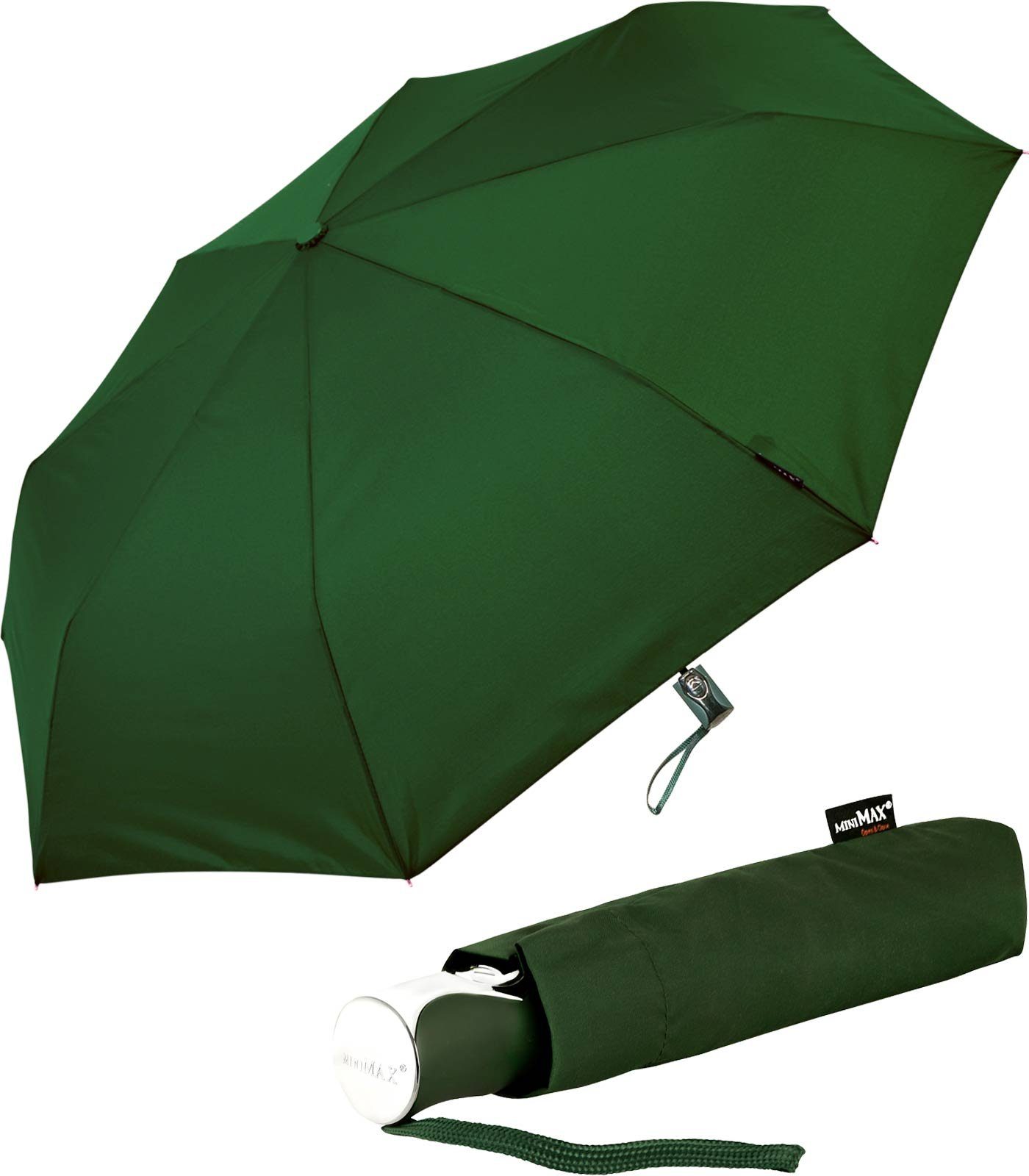 Impliva Taschenregenschirm miniMAX® mit Auf-Zu-Automatik windsicher uni, der zuverlässige Begleiter dunkelgrün