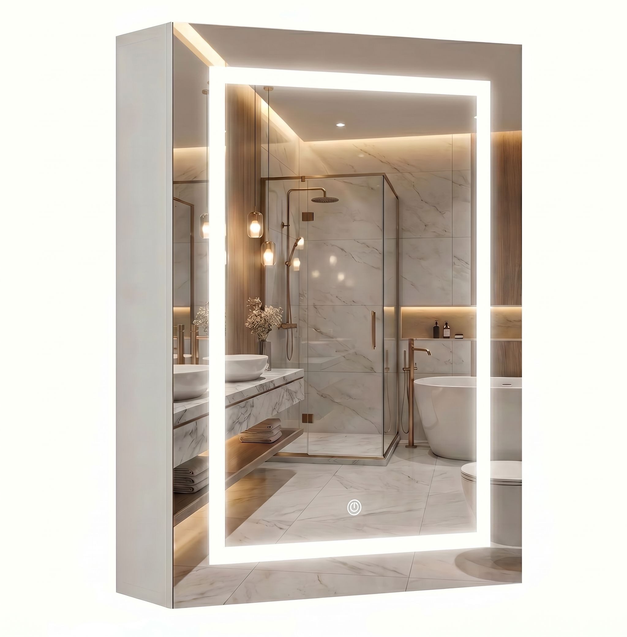 Gdood Badezimmerspiegelschrank Spiegelschrank Doppeltür Hängeschrank mit LED (1-St., Einstellung der warmen und kalten Farbtemperatur 3000/4500/6400K) inkl. LED-Beleuchtung, Stecker, Touchschalter, Beschlagfrei