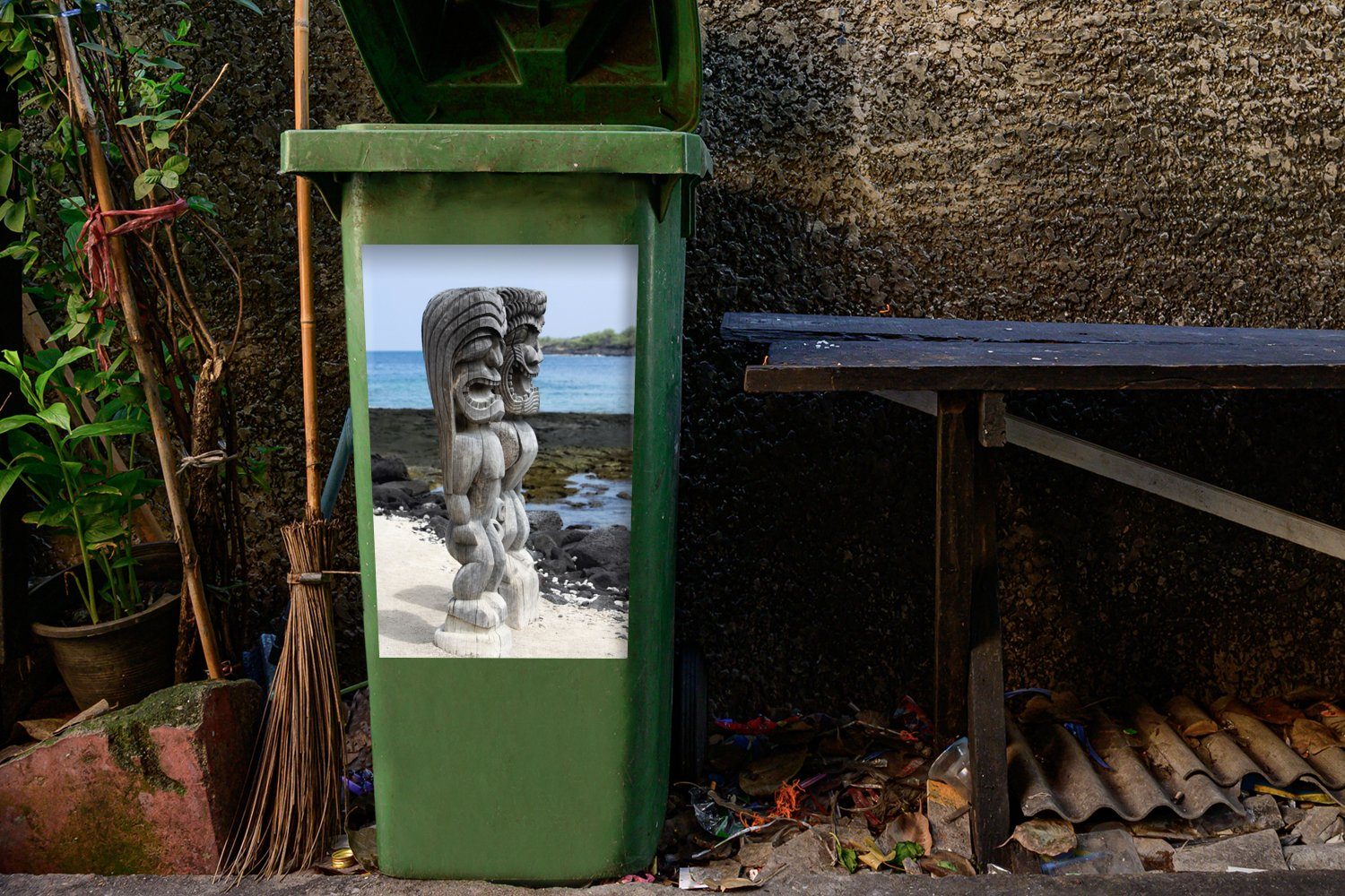 MuchoWow Wandsticker Statuen am Strand St), Sticker, Hawaii Mülleimer-aufkleber, (1 Container, Abfalbehälter von Mülltonne