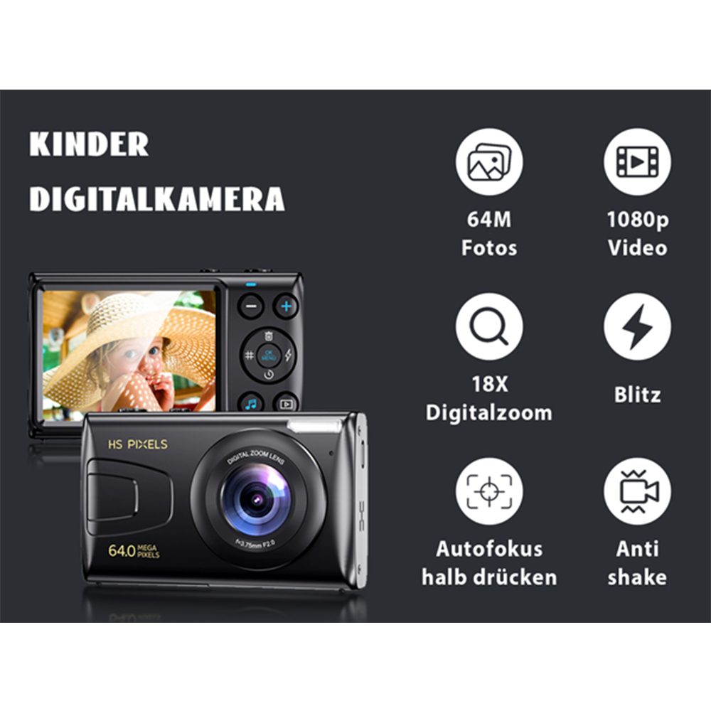 Fine Life Pro Digitalkamera, 64MP 1080P FHD Fotokamera mit 32GB TF, 18X Digitalzoom Kompaktkamera