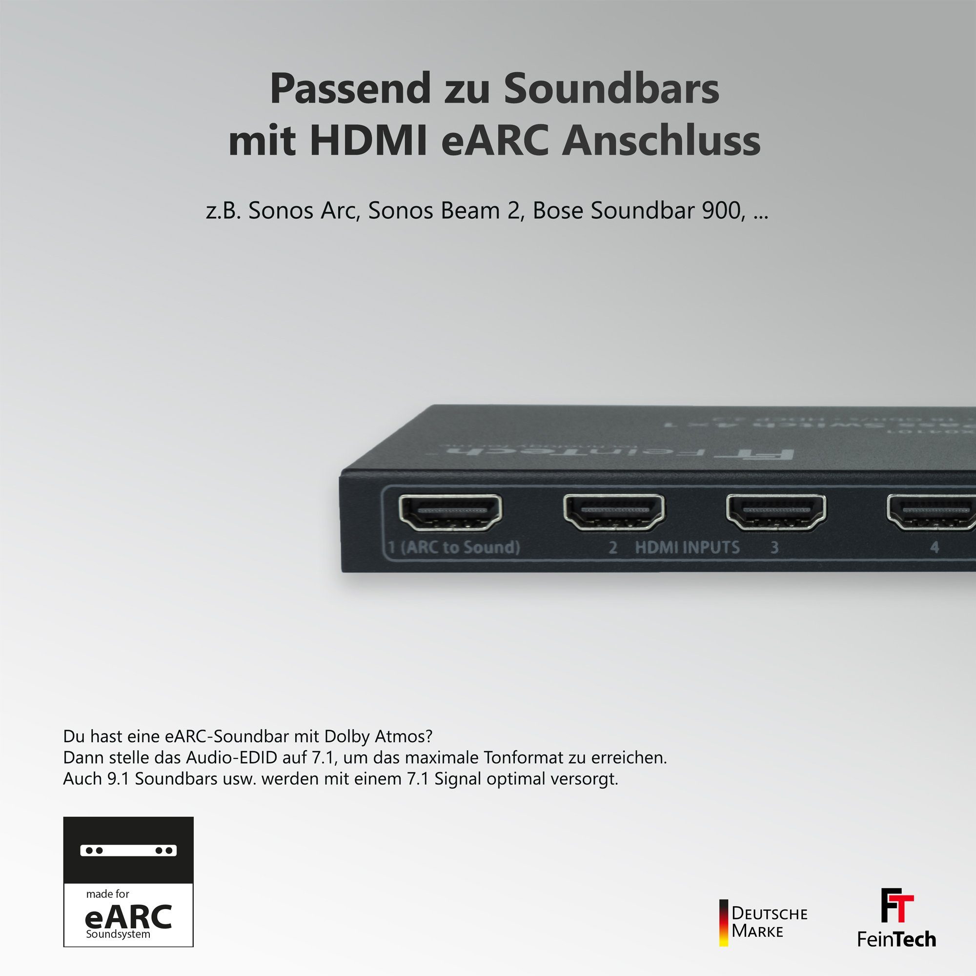 FeinTech HDMI-Splitter VAX04101 HDMI eARC Pass Switch 3 In 1 Out + eARC-Soundbar, unterstützt 4K 60Hz, Dolby Atmos, Dolby Vision, HDR10