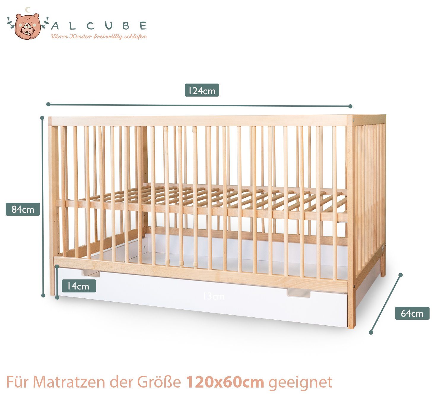 Alcube Babybett TONI I Natur Schublade und Matratze 9-fach Schublade höhenverstellbar mit Babybett FSC®-Zertifikat, und BESTSELLER! mit Komplett-Set Mit 60x120 - aus I Matratze Buchenholz