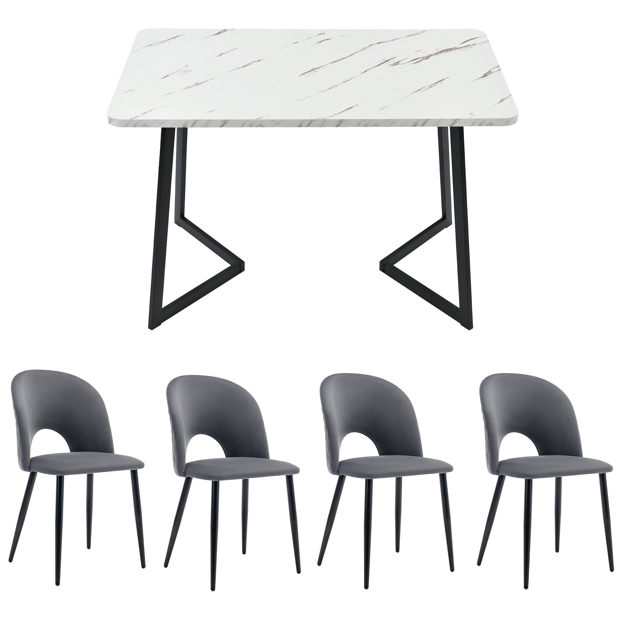 Essgruppe, (117x68 cm Küchentisch mit 4x Polsterstühlen), mit Diamantmuster, Verstellbare Stuhlbeine, Samt Esszimmerstuhl