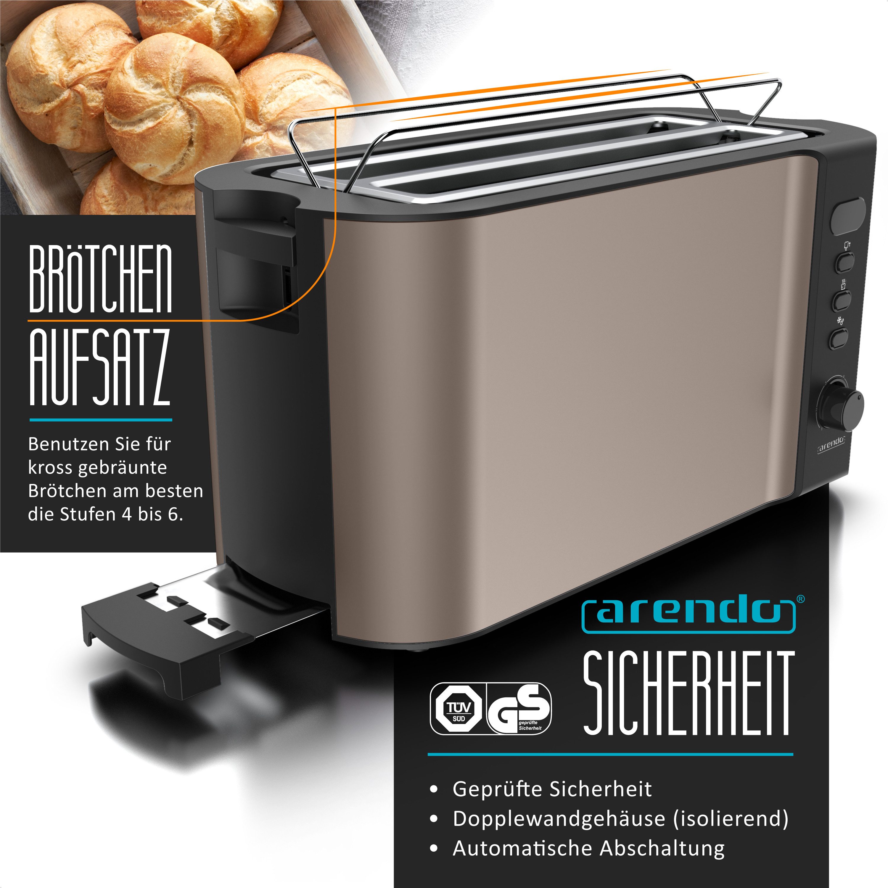 Arendo Toaster Edelstahl, Langschlitz, Display mit Restzeitanzeige, Krümelschublade, 2 lange Schlitze, für 4 Scheiben, 1500 W, Defrost Funktion, Wärmeisolierendes Gehäuse, mit Brötchenaufsatz