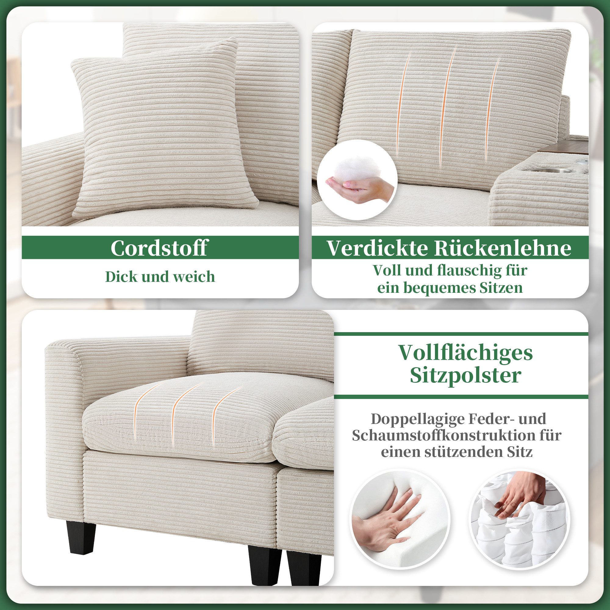 i@home Ecksofa L-Form 4-Sitzer mit USB-Anschluss und Stauraum, Komfort Wohnzimmer Couch für Apartment und kleine Räume, Beige