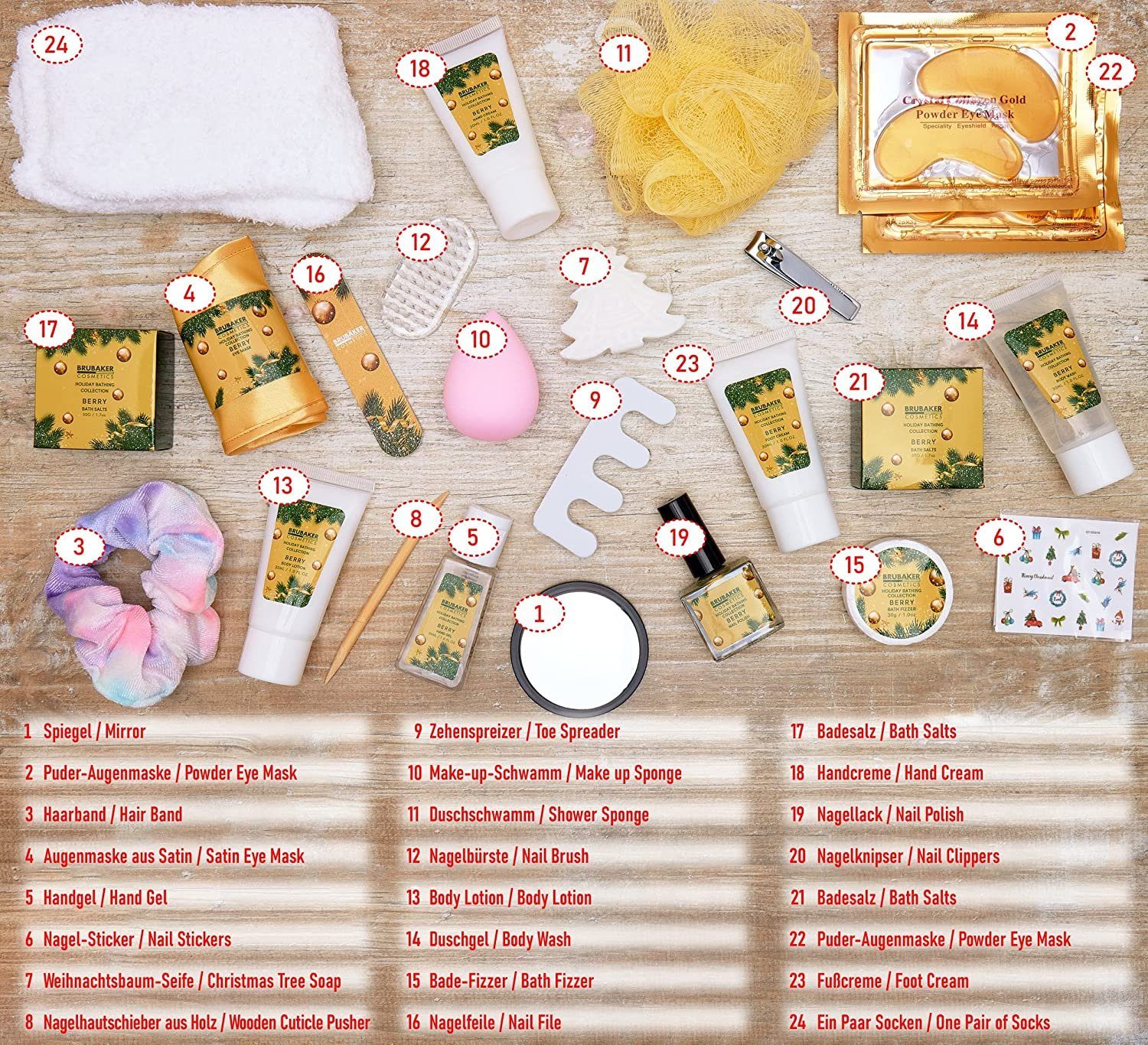 BRUBAKER Adventskalender XXL Beauty Adventskalender - Gold - 24 x Körperpflege & Spa (24-tlg), Wellness Weihnachtskalender für Frauen und Mädchen