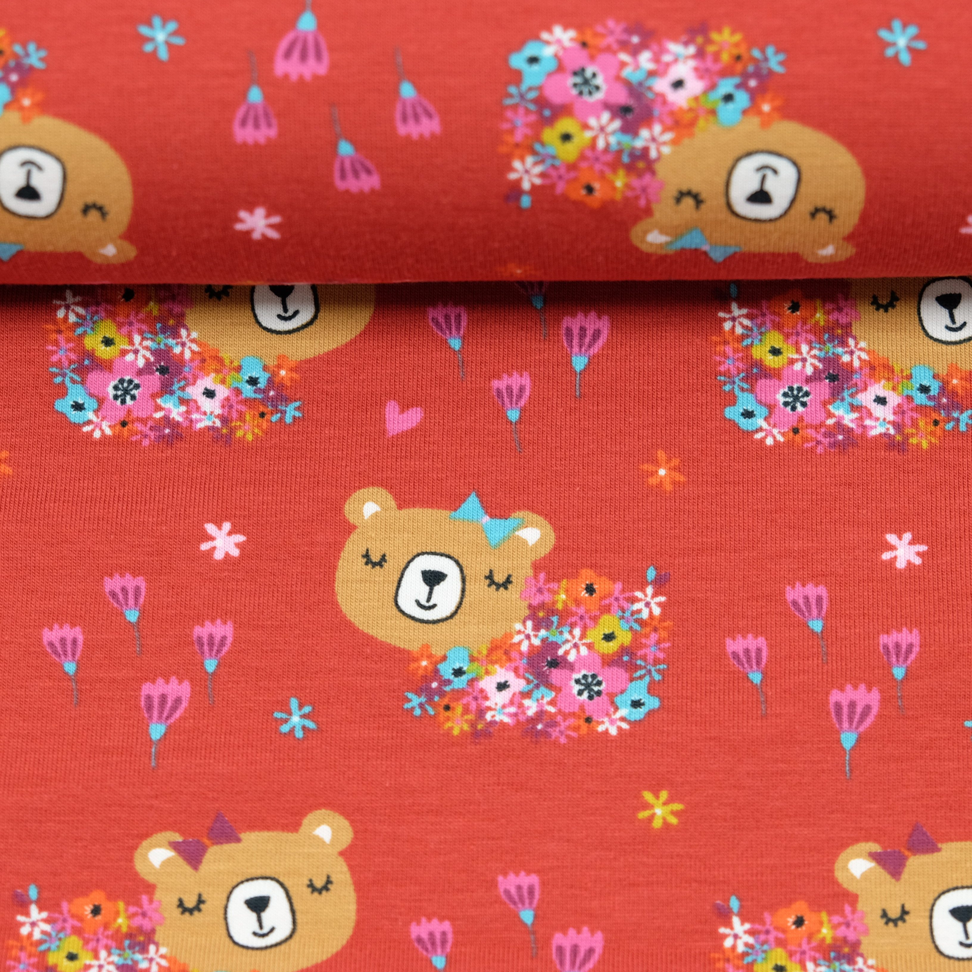 larissastoffe Stoff Jersey Stoff Bären Blumen rot, Meterware, 50 cm x 150 cm