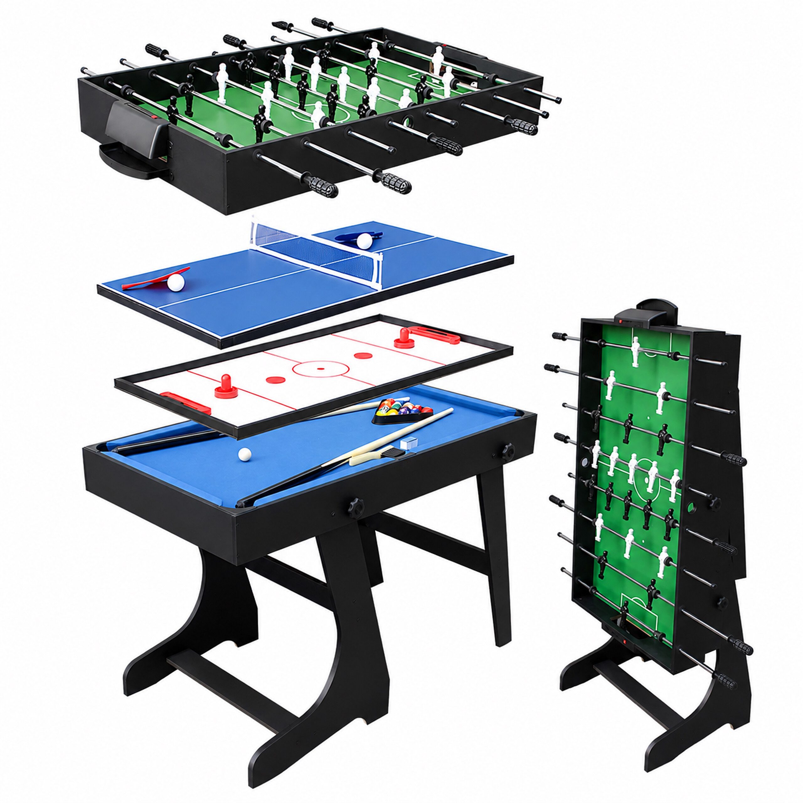 relaxdays Multifunktionstisch Klappbarer Spieltisch 4 in 1 Zubehör (33-tlg), schwarz