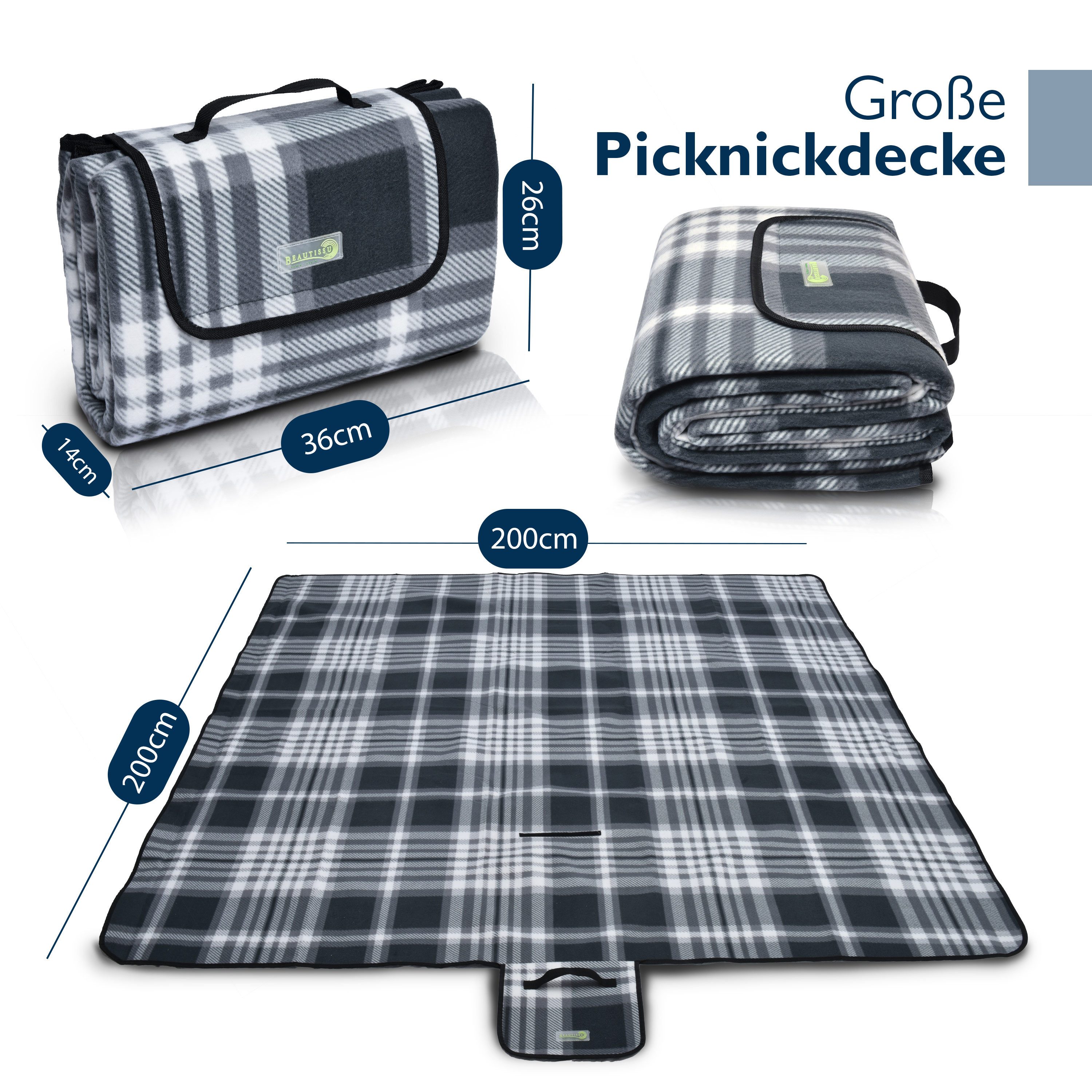 Picknickdecke XXL Picknickdecke Wasserdicht Isoliert Bella, 200x200cm, Grau, Beautissu, Strandmatte Outdoor Decke für Camping Wandern Reisen Schwimmbad – Bild 4 von 5