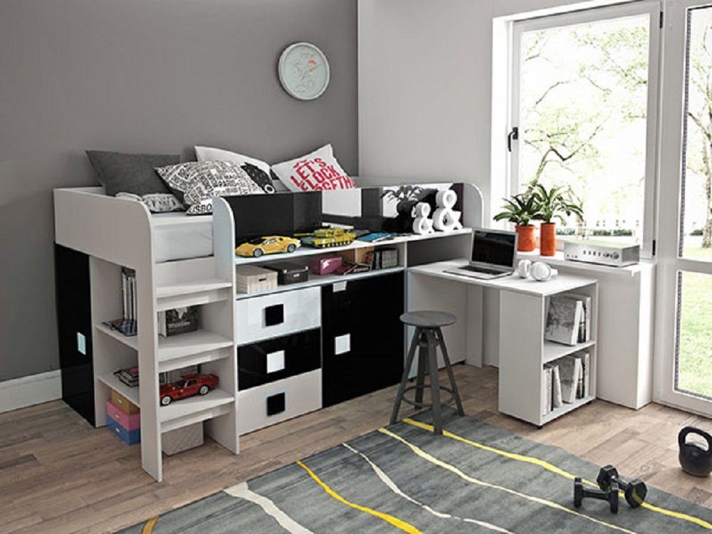Feldmann-Wohnen Hochbett TOLEDO 1 (Etagenbett mit Schreibtisch + 2 Schränke) Farbe wählbar weiß / schwarz Hochglanz - Griffe weiß / schwarz