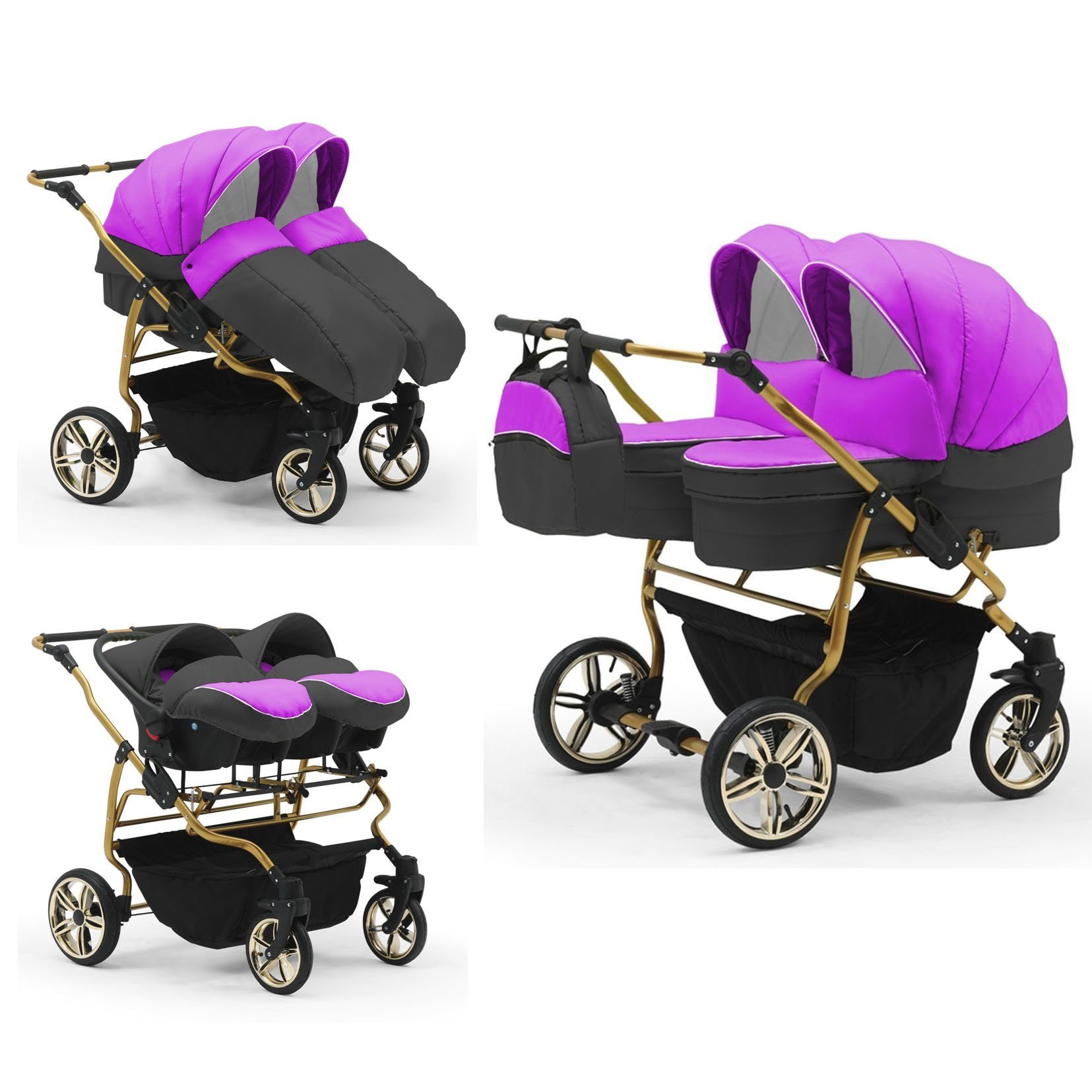 babies-on-wheels Zwillingswagen Duet Lux Gold 3 in 1 inkl. Autositze - 13 Teile - in 33 Farben Lila-Schwarz