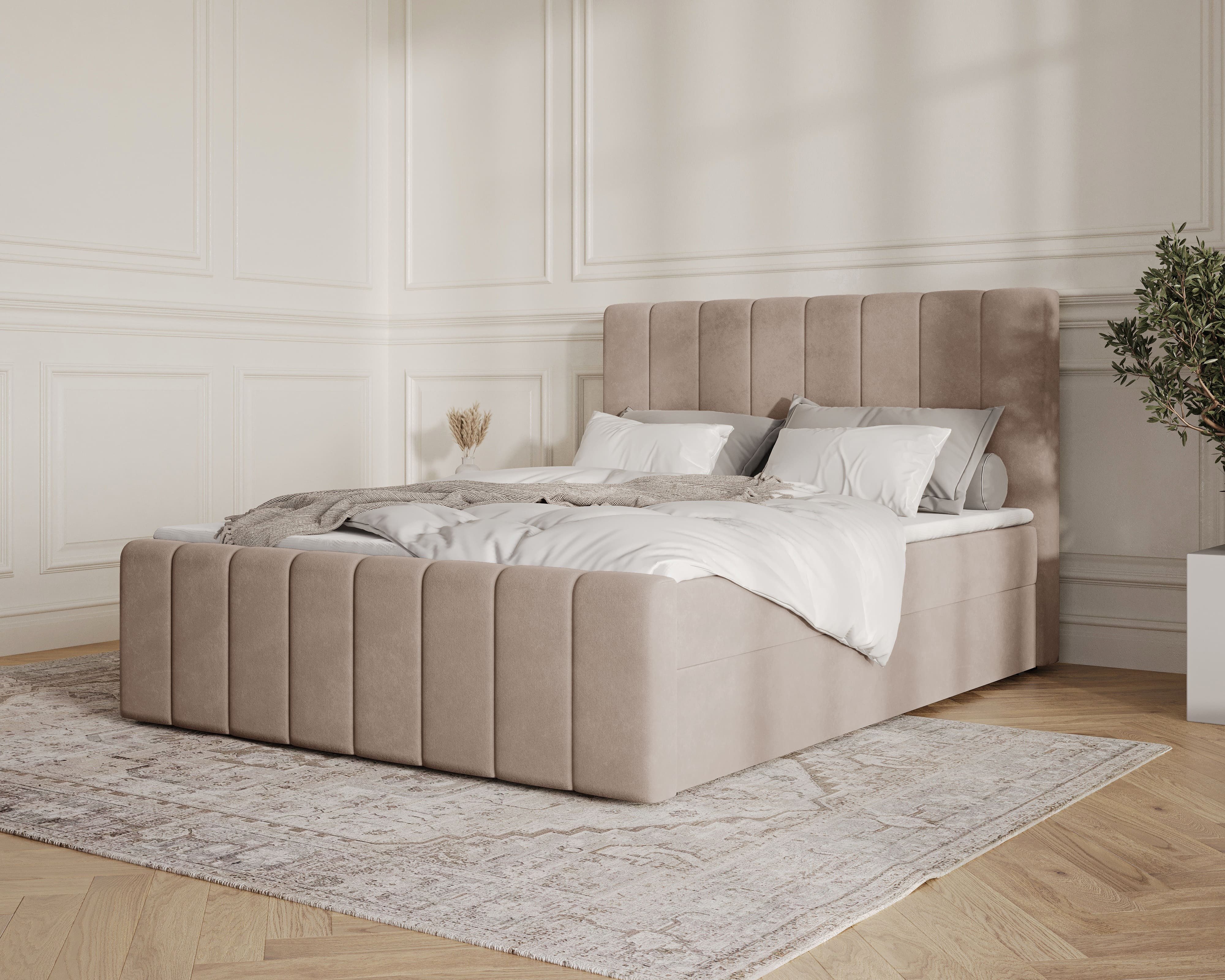 MOEBLO Boxbett BETT 01 BIS (Bonell, Topper, modernes Velours-Design mit Steppung & Stauraum, Doppelbett gepolstertes Kopfteil mit Bettkasten, aus Samt, Polsterbett Kontinentalbett, dekorativem Kopfteil, aus Samt), - (BxHxT):144/164/184x113x223 cm