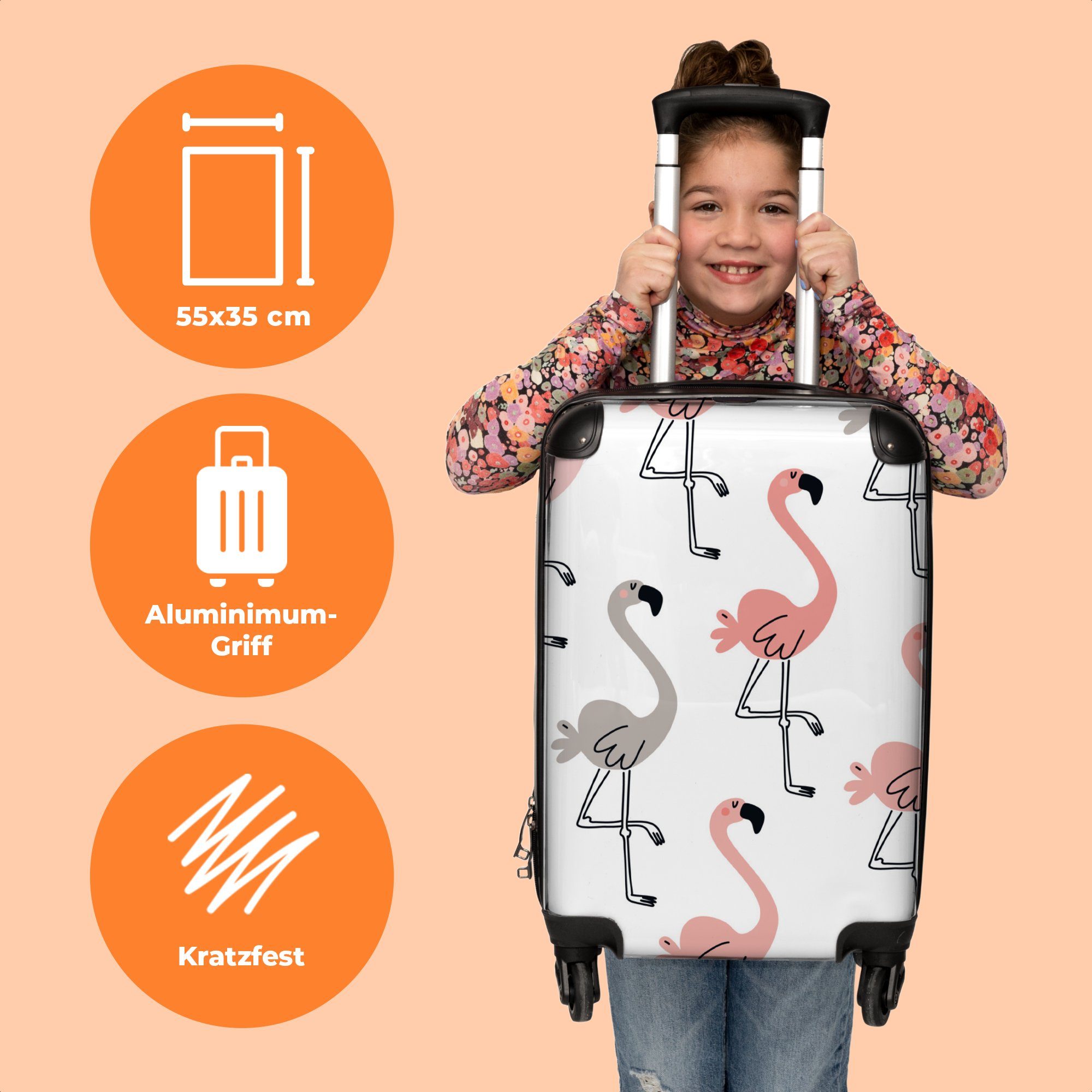 55x35x20cm Kinder, Vögel 4 - - für NoBoringSuitcases.com© Kinderkoffer - rollen, Kindertrolley, - 4 Illustration Flamingo mit Rollen, Reisekoffer Koffer Mädchen Mädchen