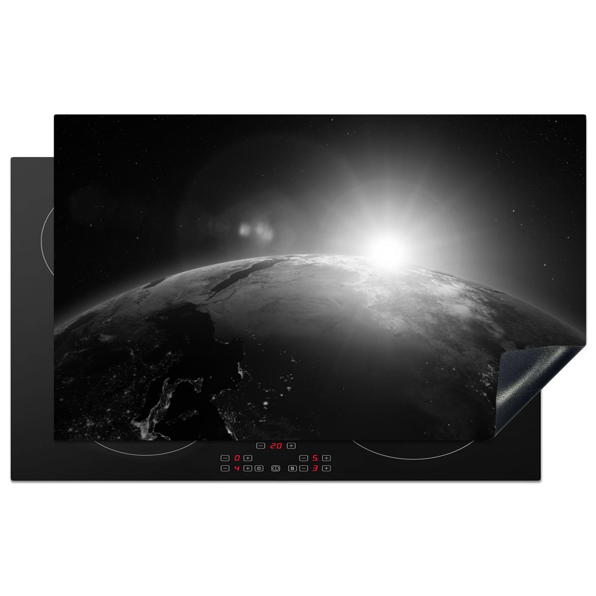 MuchoWow Herdblende-/Abdeckplatte Erde - Sonne - Weltraum, Vinyl, (1 tlg), 83x51 cm, Ceranfeldabdeckung, Arbeitsplatte für küche