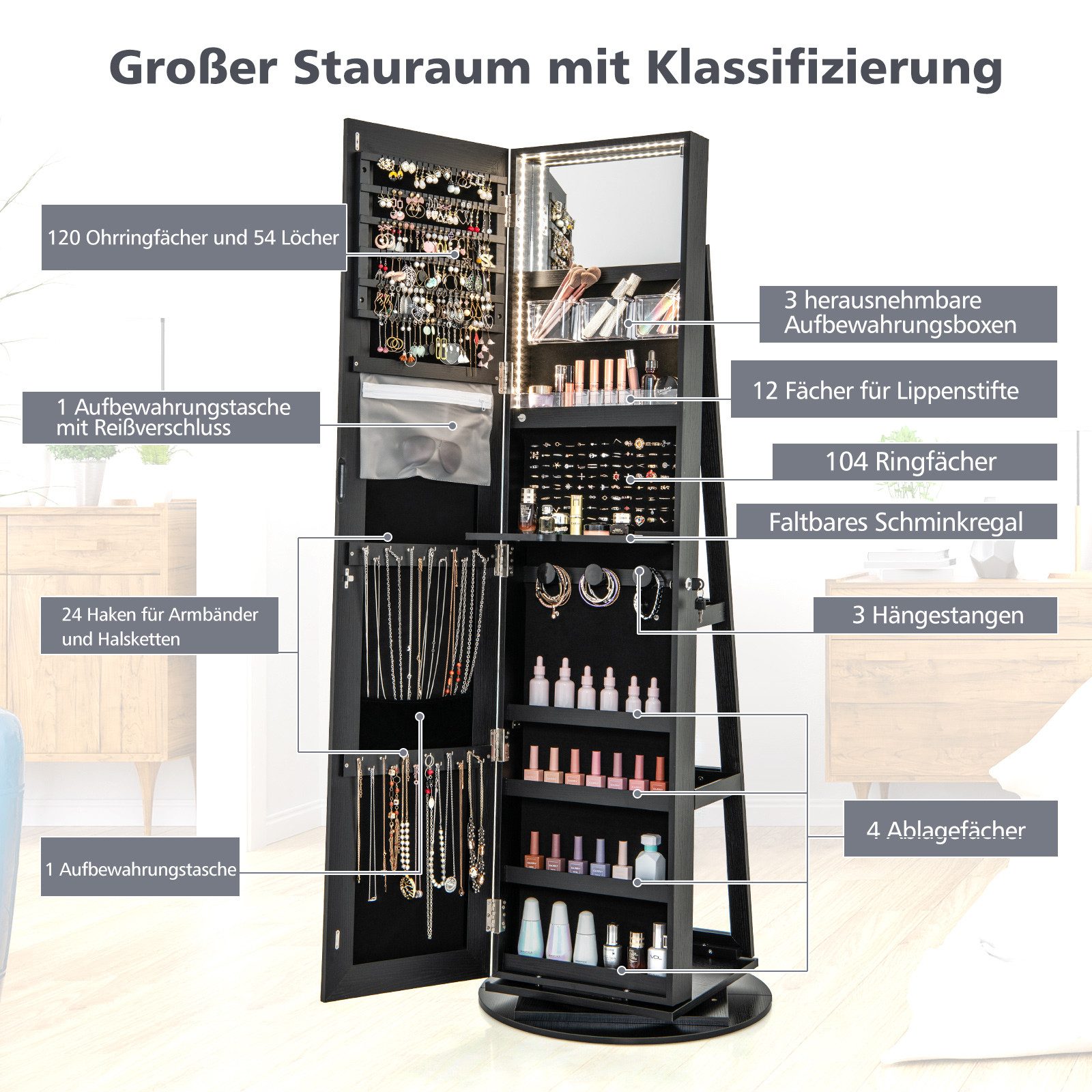 COSTWAY Schmuckschrank mit Ganzkörperspiegel & LED stehend, drehbar, abschließbar