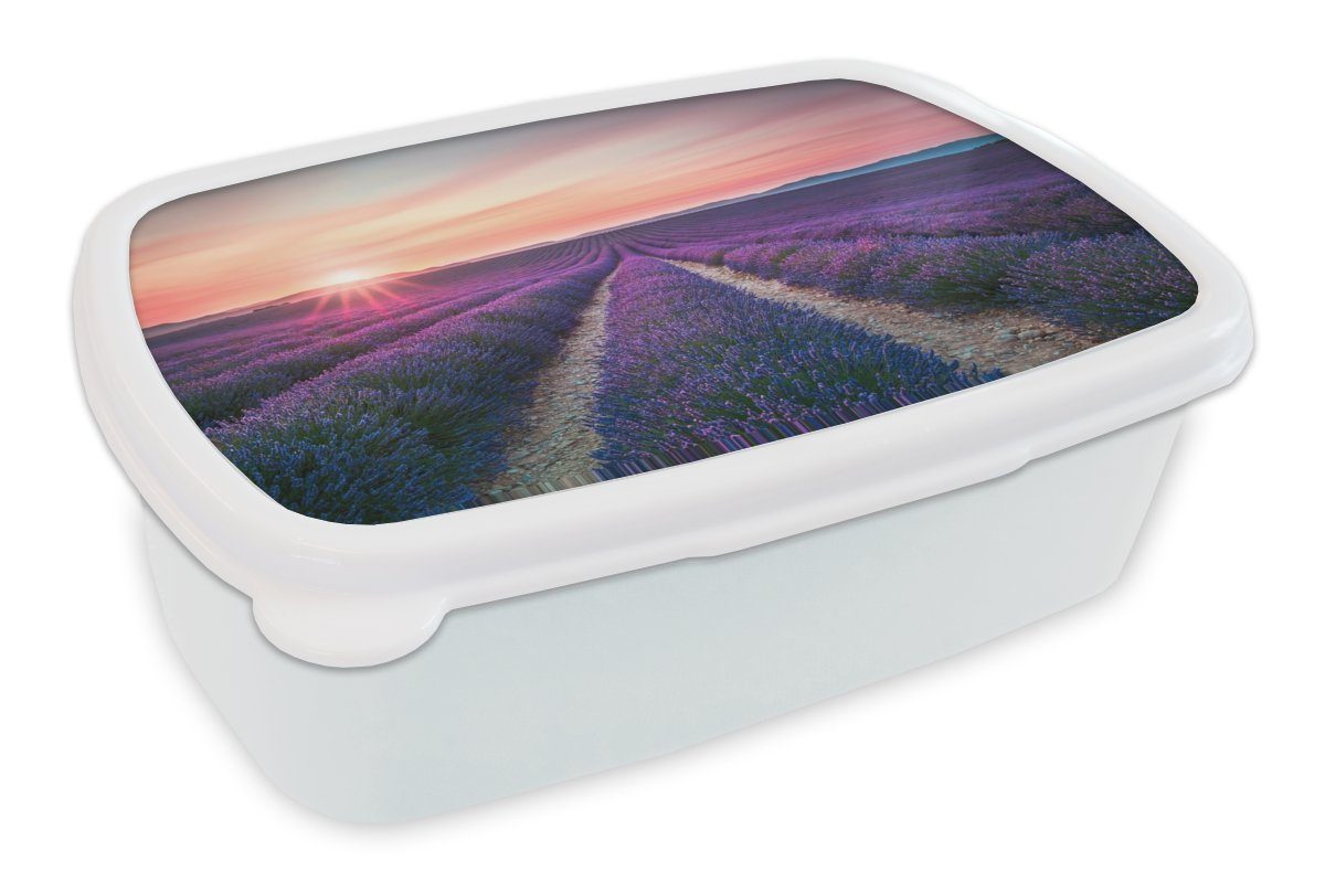 MuchoWow Lunchbox Lavendel - Lila - Blumen - Himmel, Kunststoff, (2-tlg), Brotbox für Kinder und Erwachsene, Brotdose, für Jungs und Mädchen weiß