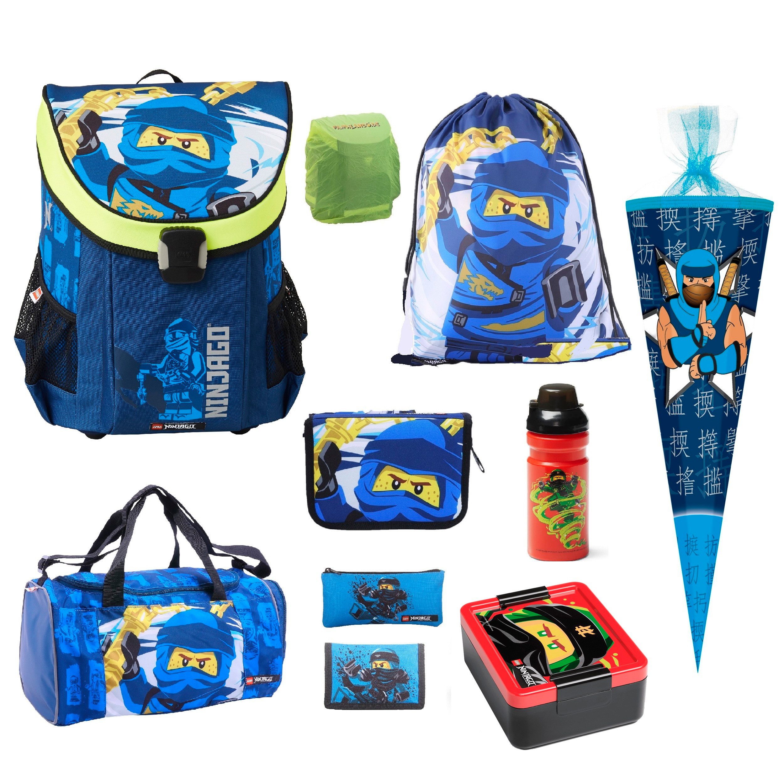 LEGO® Bags Ранцы Lego Ninjago Einschulungs-Set "Easy" mit Sporttasche und Schultüte (Set, 10-tlg., mit Dose, Flasche, Sporttasche und Schultüte 85cm), ab der 1. Klasse, Ultra-Leicht, 16L Volumen, wasserabweisend