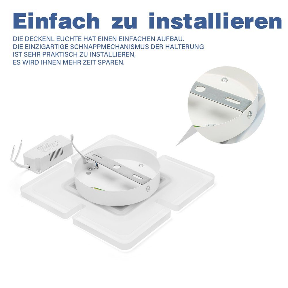 Wasserfeste, Deckenleuchte Wohnzimmer LED cm, integriert, LED iscooter Küche Silber Schlafzimmer Deckenlampe, fest Schlafzimmer Watt, Lampe IP44 18 6000K, Kaltweiß, Wohnzimmer Acryl 20x20