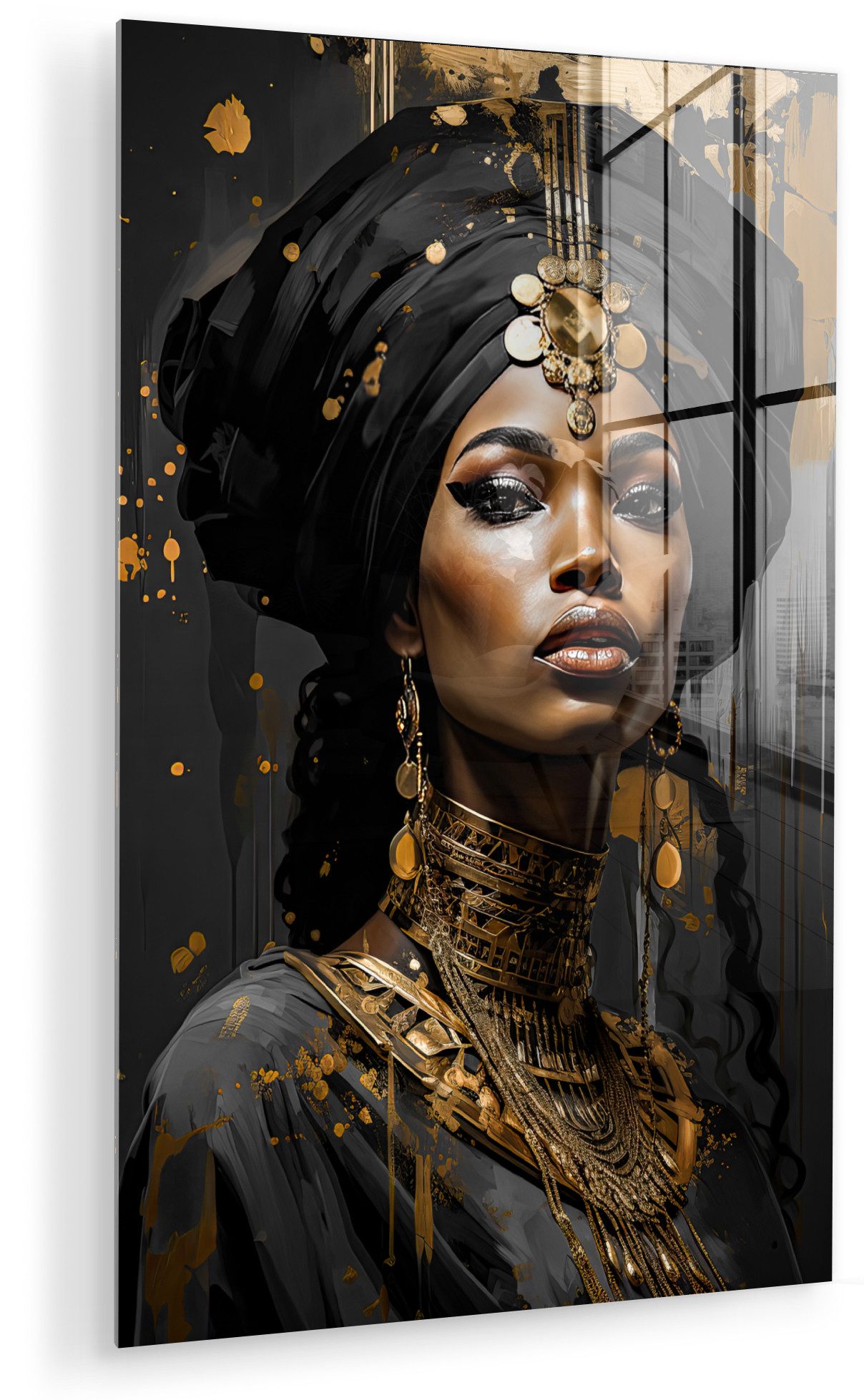MuchoWow Acrylglasbild Frau - Gold - Schwarz - Luxus - Porträt, Inkl. Aufhängung, Dekorative Bild für Küche & Wohnzimmer auf Glas, 20x30 cm