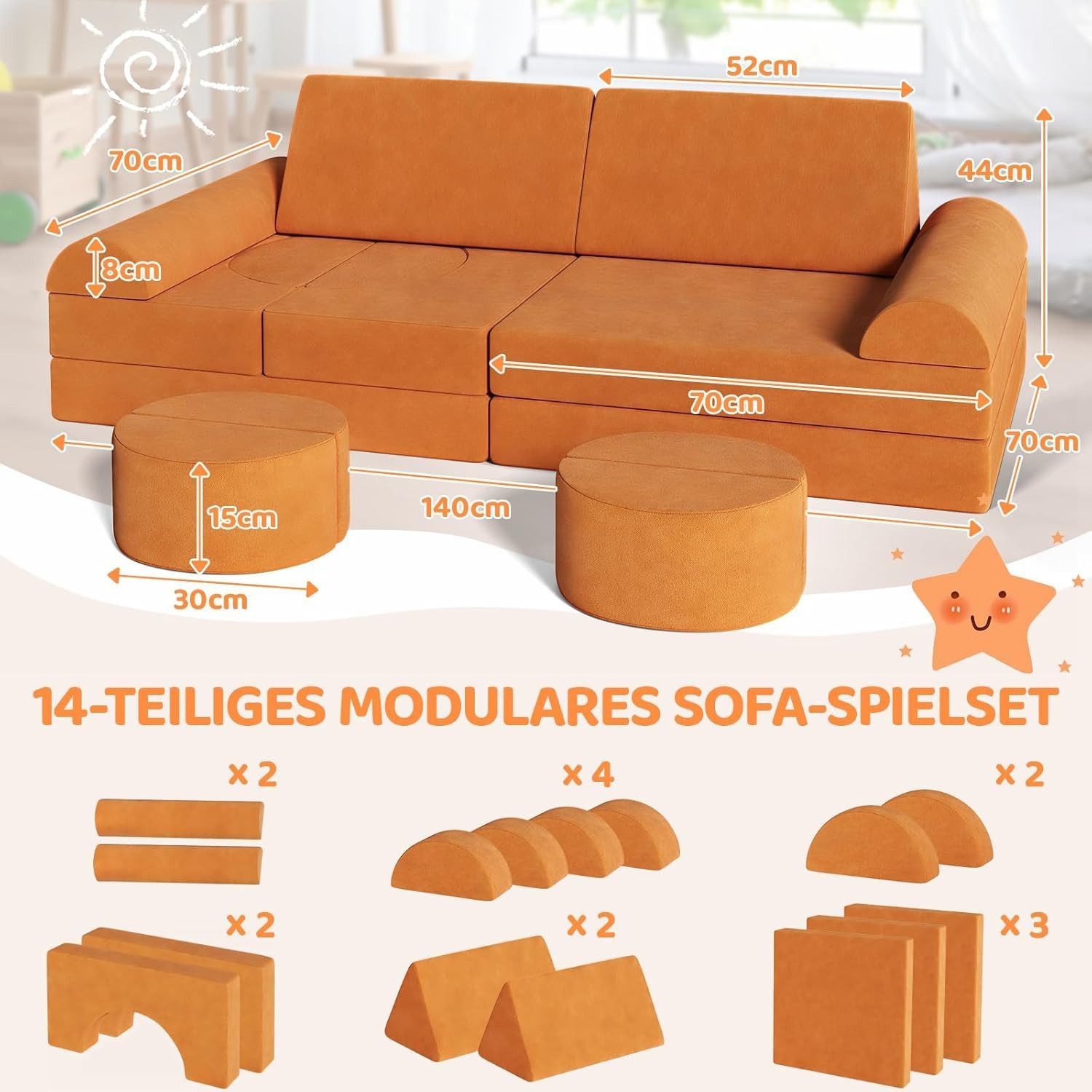 TLGREEN Kindersofa 15-teilig–Spielsofa aus weichem Samt & hochdichtem Schau günstig online kaufen