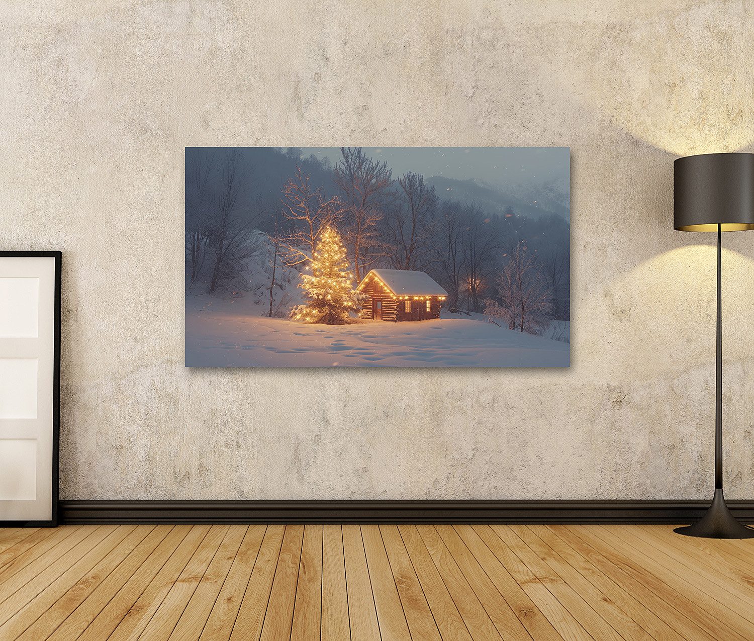 islandburner Leinwandbild, Winterliche Hütte und beleuchteter Weihnachtsbau günstig online kaufen