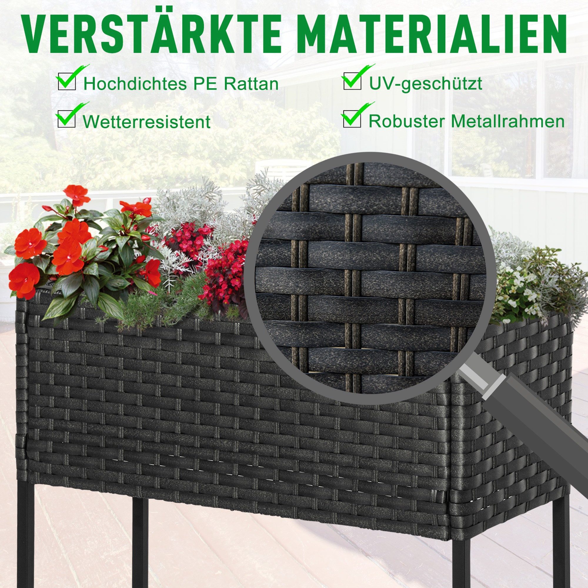 Outsunny Blumenkasten Poly Rattan Hochbeet mit Füßen und Ablage Sand (Blumenkasten, 1 St., Pflanzenkasten), für Balkon, Garten – Bild 4 von 5