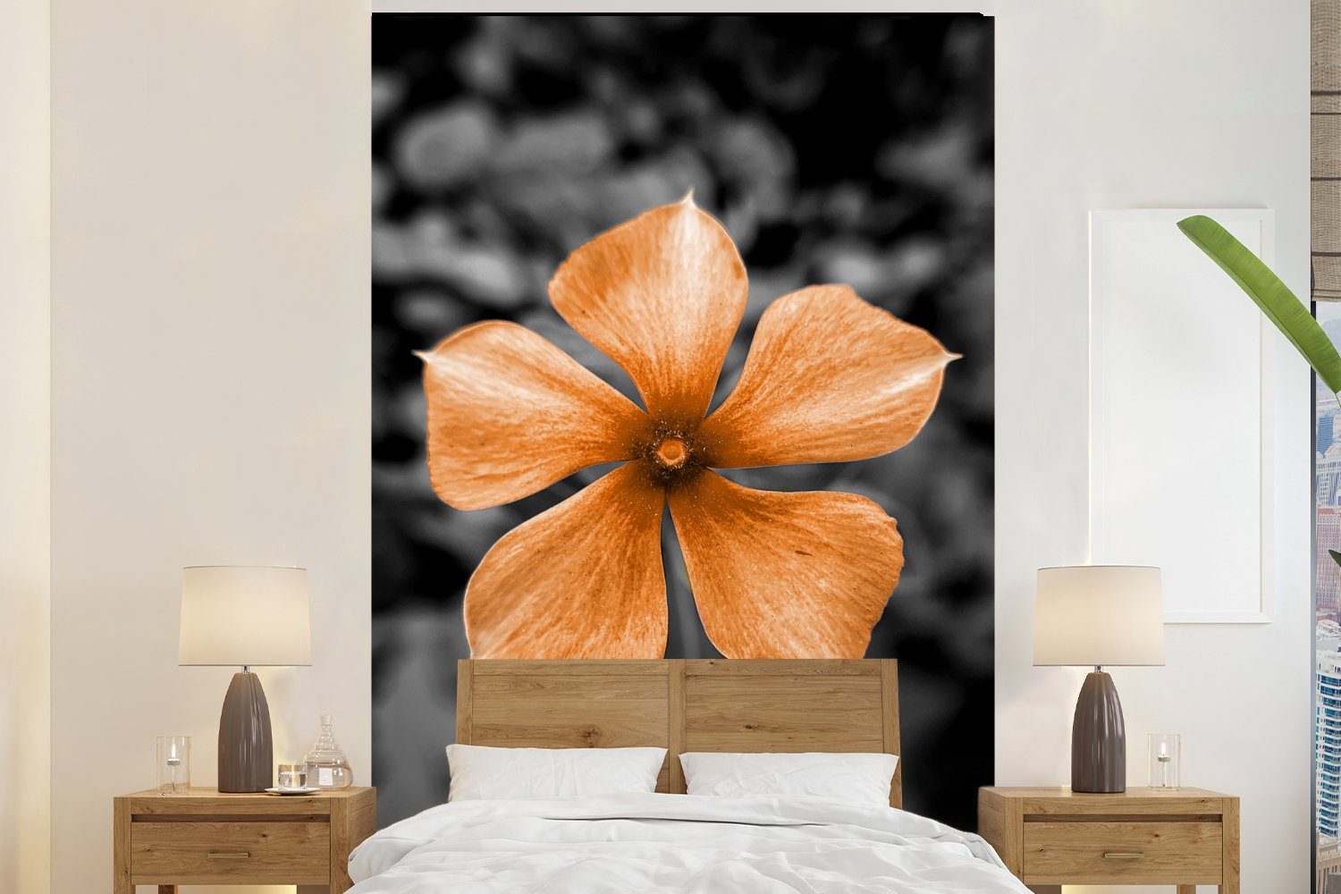 Wandtapete - St), - Weiß, Fototapete Matt, Vinyl Wohnzimmer, - Orange (3 Blumen Montagefertig für bedruckt, Schwarz Tapete MuchoWow