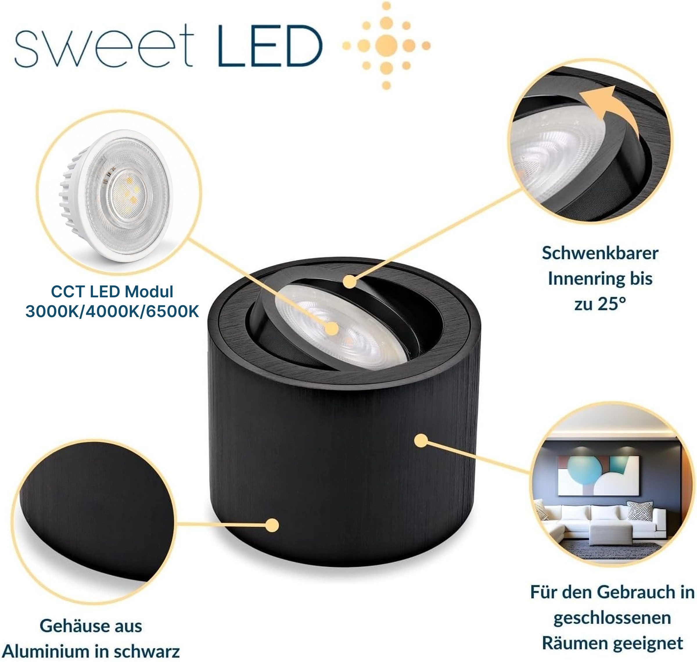 Sweet LED LED Aufbaustrahler 6er Set flach 5W CCT (3000K/4000K/6500K) Spots schwenkbar 230V schwarz, schwenkbar, LED wechselbar, warmweiß, neutralweiß, kaltweiß, CCT, schwenkbar, LED Deckenstrahler