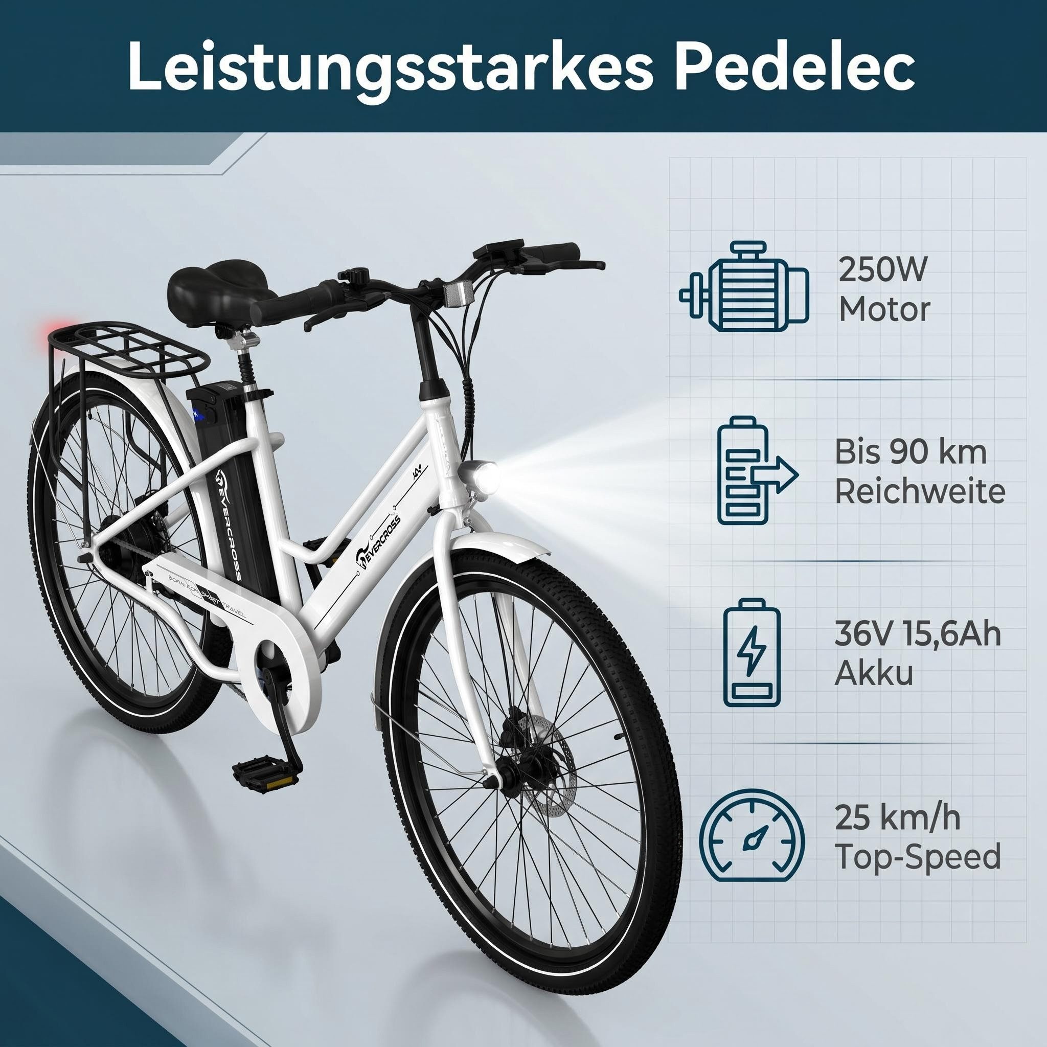 EVERCROSS TECH E-Bike Cityrad für Pendler,26-Zoll-Elektrofahrrad,36V 15,6AH Lithiumbatterie, Heckmotor, 561,6 Wh, 50-90Km, 1 Gang,E-Citybike mit Schloss, Pumpe