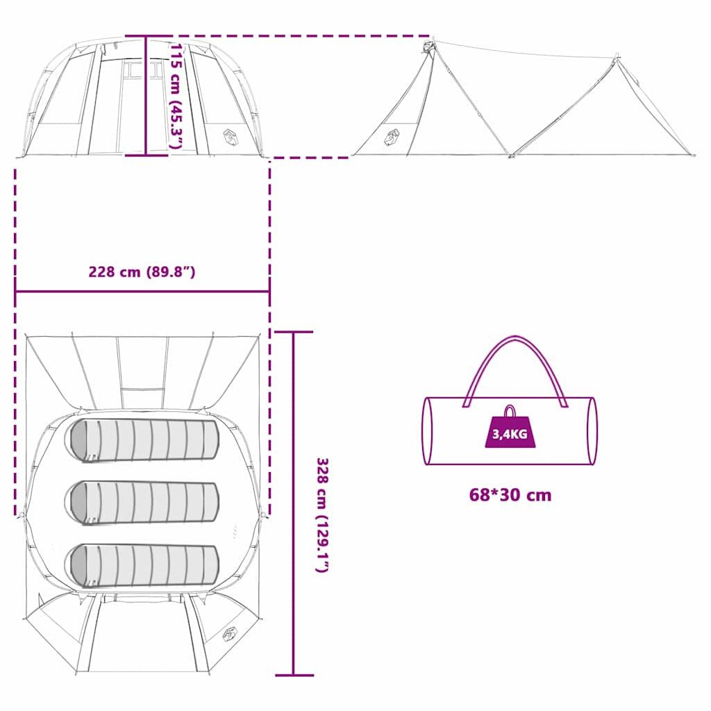 vidaXL Tunnelzelt Tunnelzelt für 3 Personen Grün und Weiß 328 x 228 x 115 cm, (1 tlg)