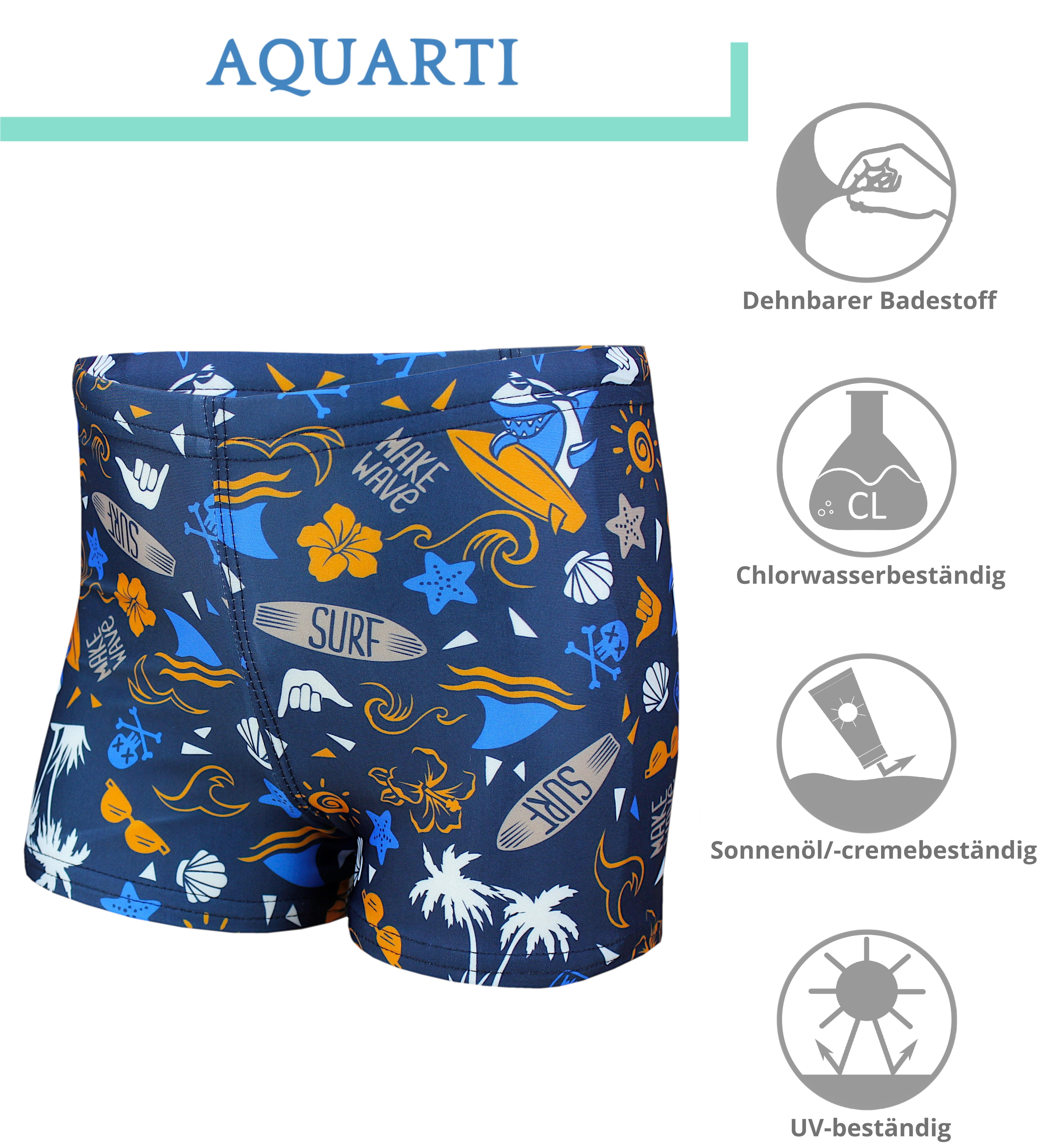 Orange 5 Gestreift / mit Surf Aquarti Blau Motiven Dunkelblau / Badehose Badehose Jungen Aquarti