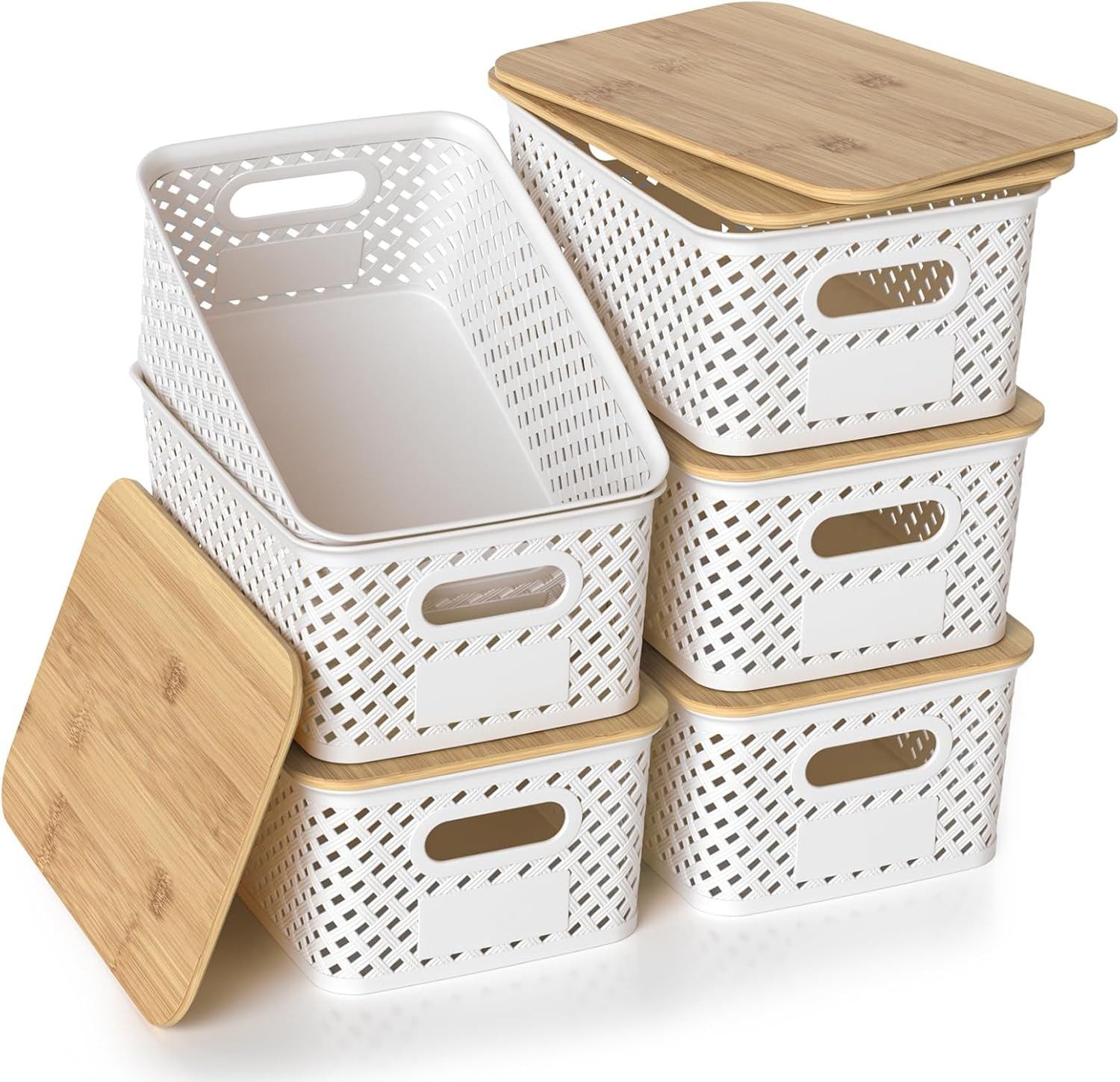BlingBin Aufbewahrungsbox 6er-Set Aufbewahrungskorb mit Bambus Deckel, 5L Kunststoff Korb (6er Set, 6 St., 25,4 × 18,4 × 10,7 cm), Küchen Aufbewahrungsboxen für Regale, Schränke, Schränke und Zuhause